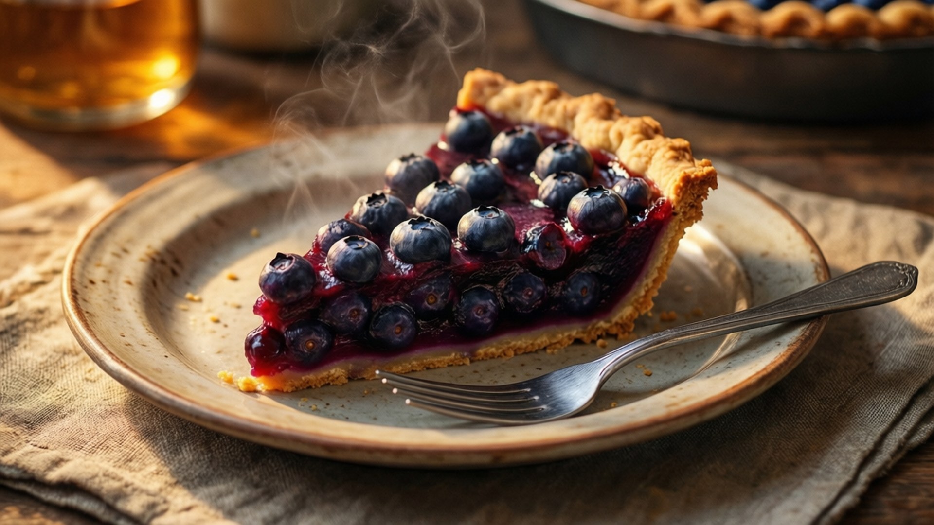 blueberry pie, steaming slice, glistening berries, Full HD Desktop Wallpaper