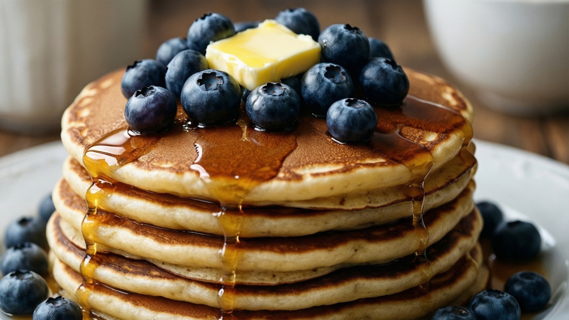 Blueberry Pancake Stack, golden pancakes, syrup, Full HD Desktop Wallpaper