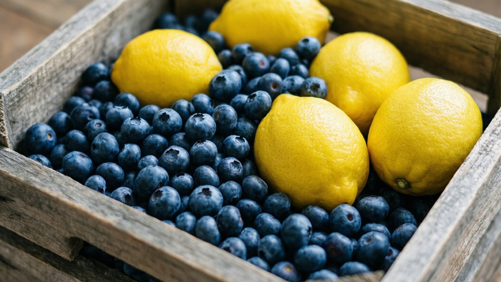 Blueberry, Lemon, Rustic wooden crate, Full HD Desktop Wallpaper