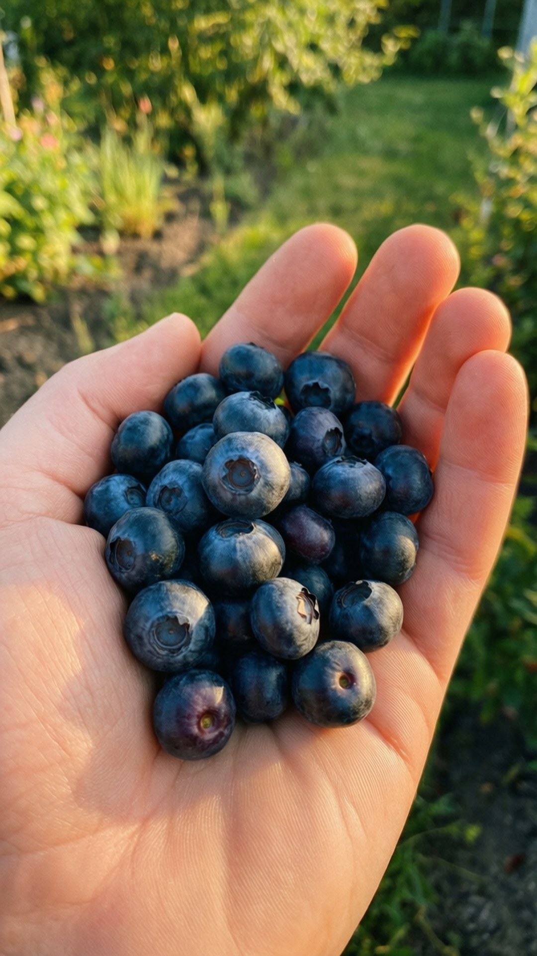 handful of blueberries, plump ripe blueberries, sunlit garden backdrop, Full HD Phone Wallpaper
