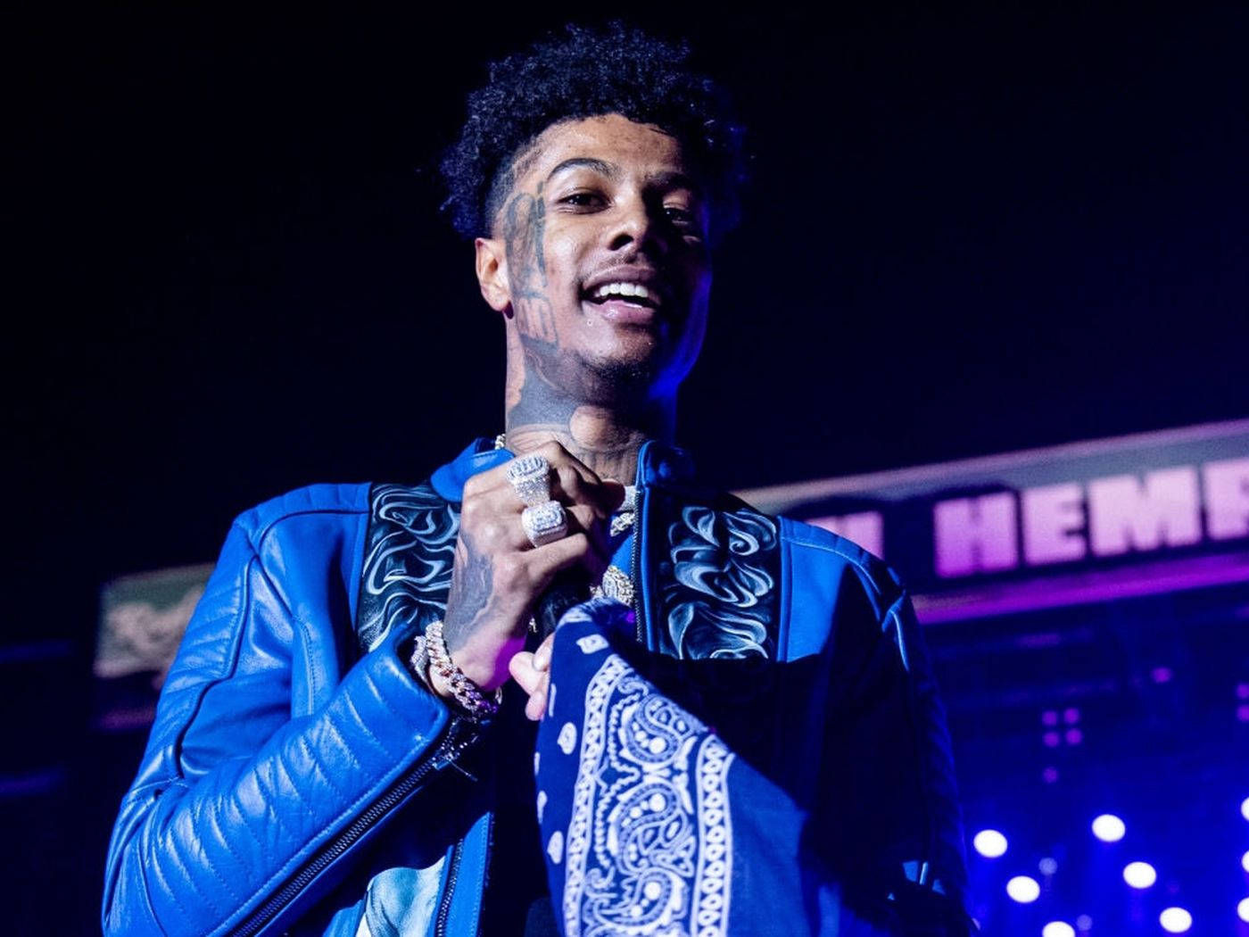 Blueface, blue leather jacket, purple lights, HD Desktop Wallpaper