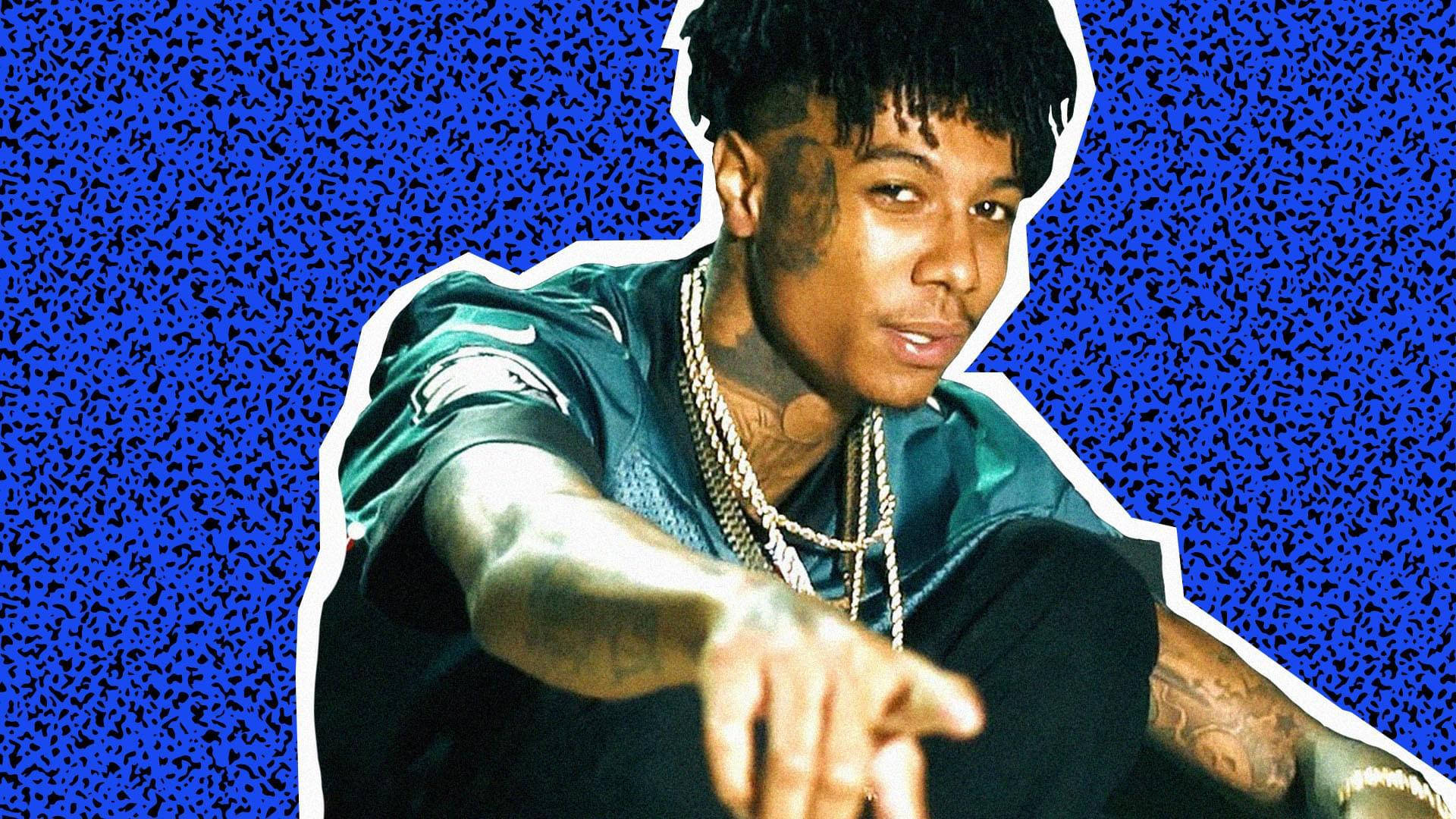 Blueface, vibrant blue static background, tattoos, Full HD Desktop Wallpaper