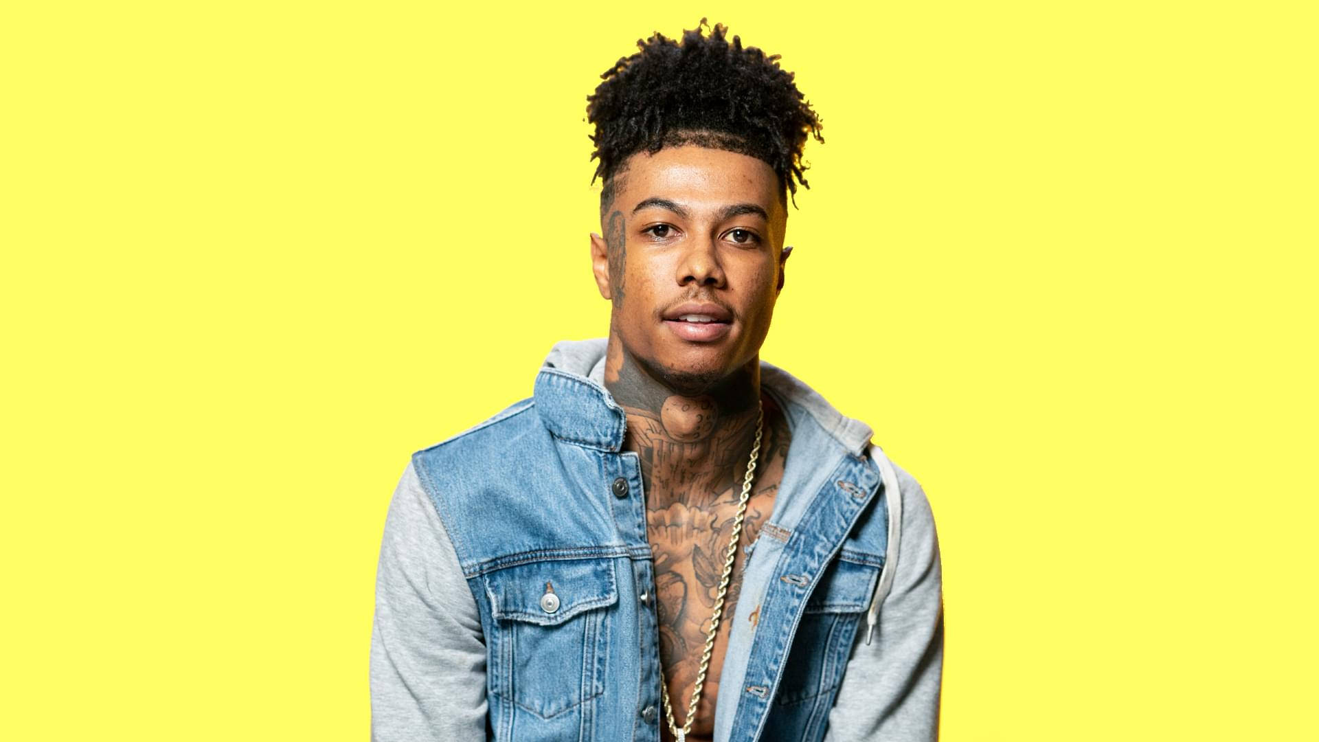 Blueface, yellow background, denim vest, Full HD Desktop Wallpaper