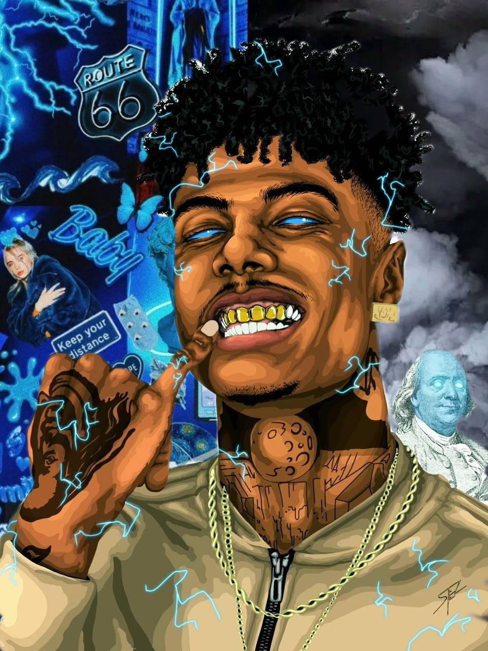 Blueface, electric blue lightning, gold teeth, HD Phone Wallpaper