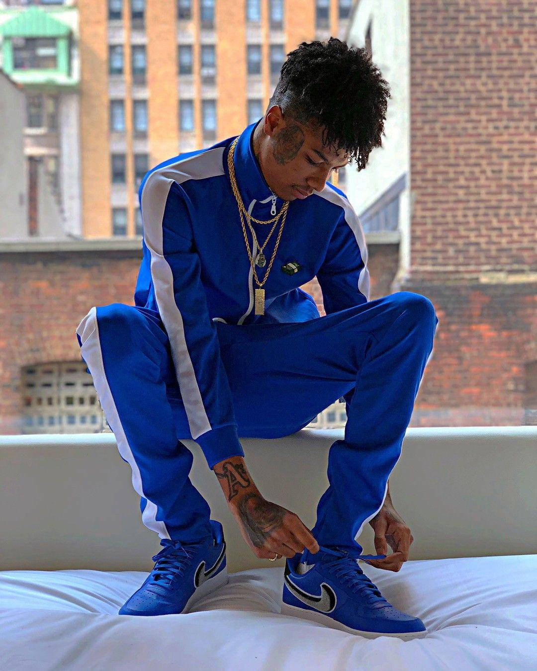 Blueface, blue tracksuit, white stripes, HD Phone Wallpaper