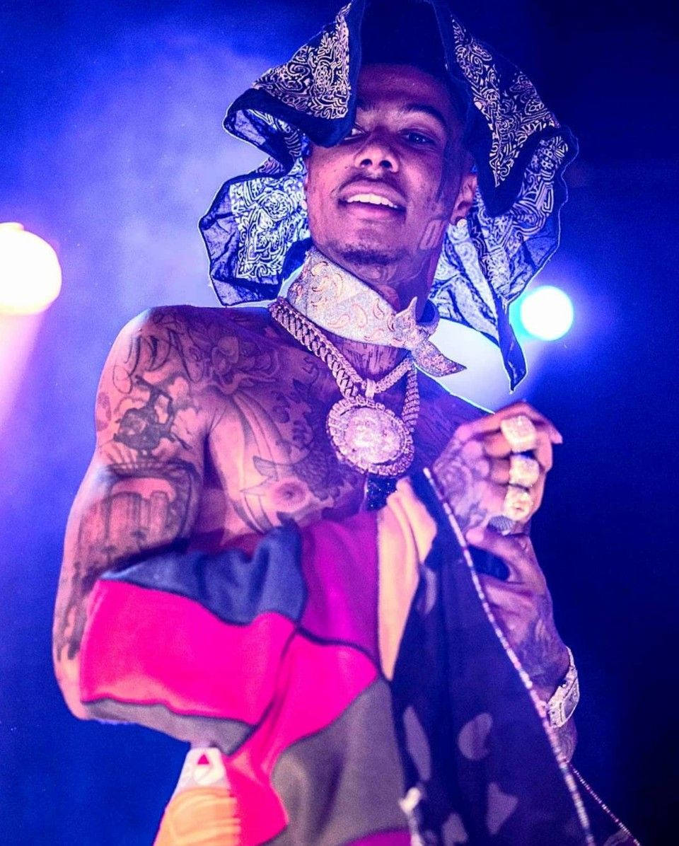 Blueface, tattooed performer, patterned hat, SD Phone Wallpaper
