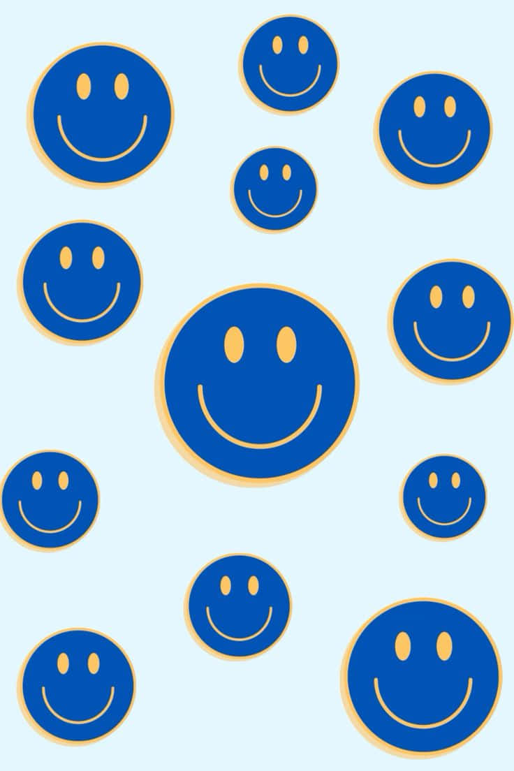 Blue smiley faces, gold outlines, soft light blue background, SD Phone Wallpaper