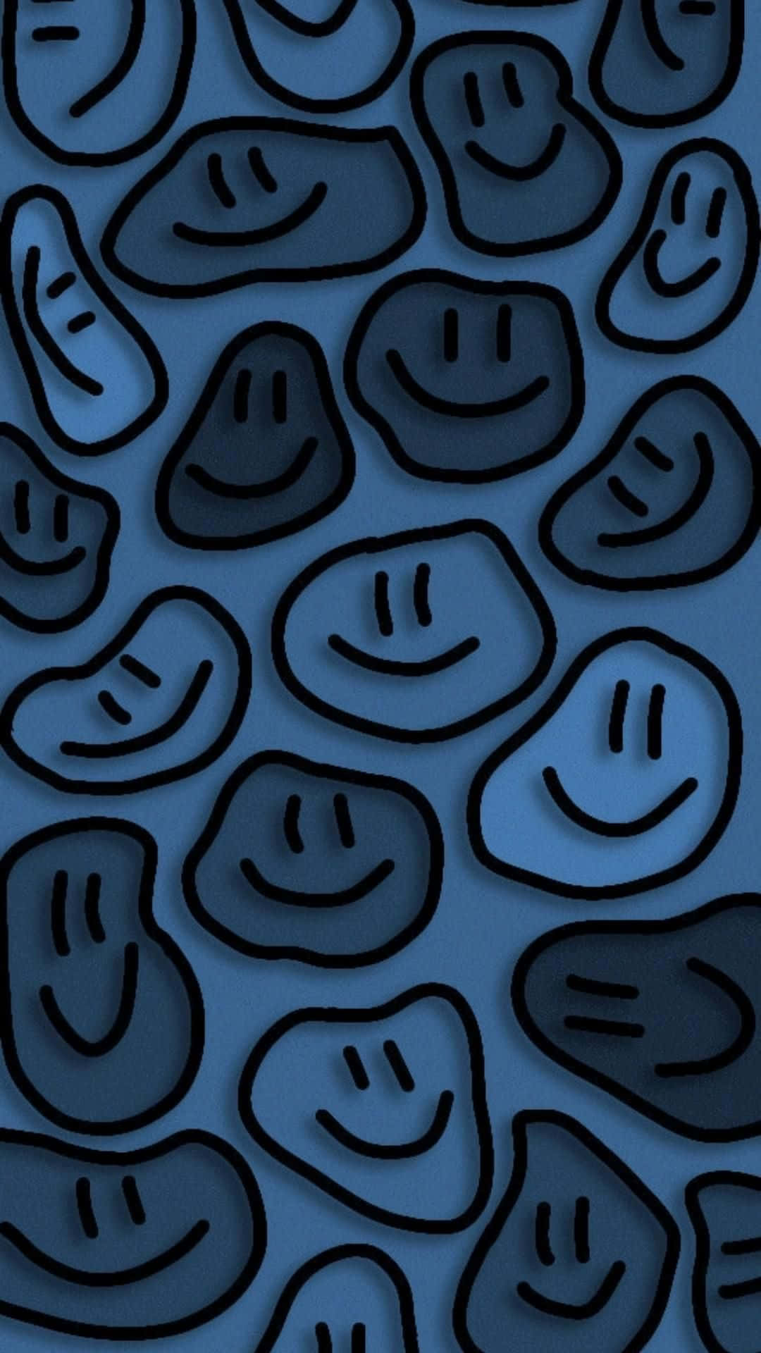 blue smiley faces pattern, black outlined smiley faces, gradient blue background, Full HD Phone Wallpaper
