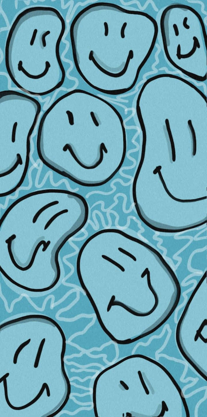 blue smiley faces pattern, light blue, black outlines, HD Phone Wallpaper