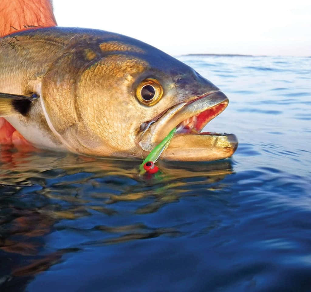 Bluefish, green and red lure, hand, SD Desktop Wallpaper