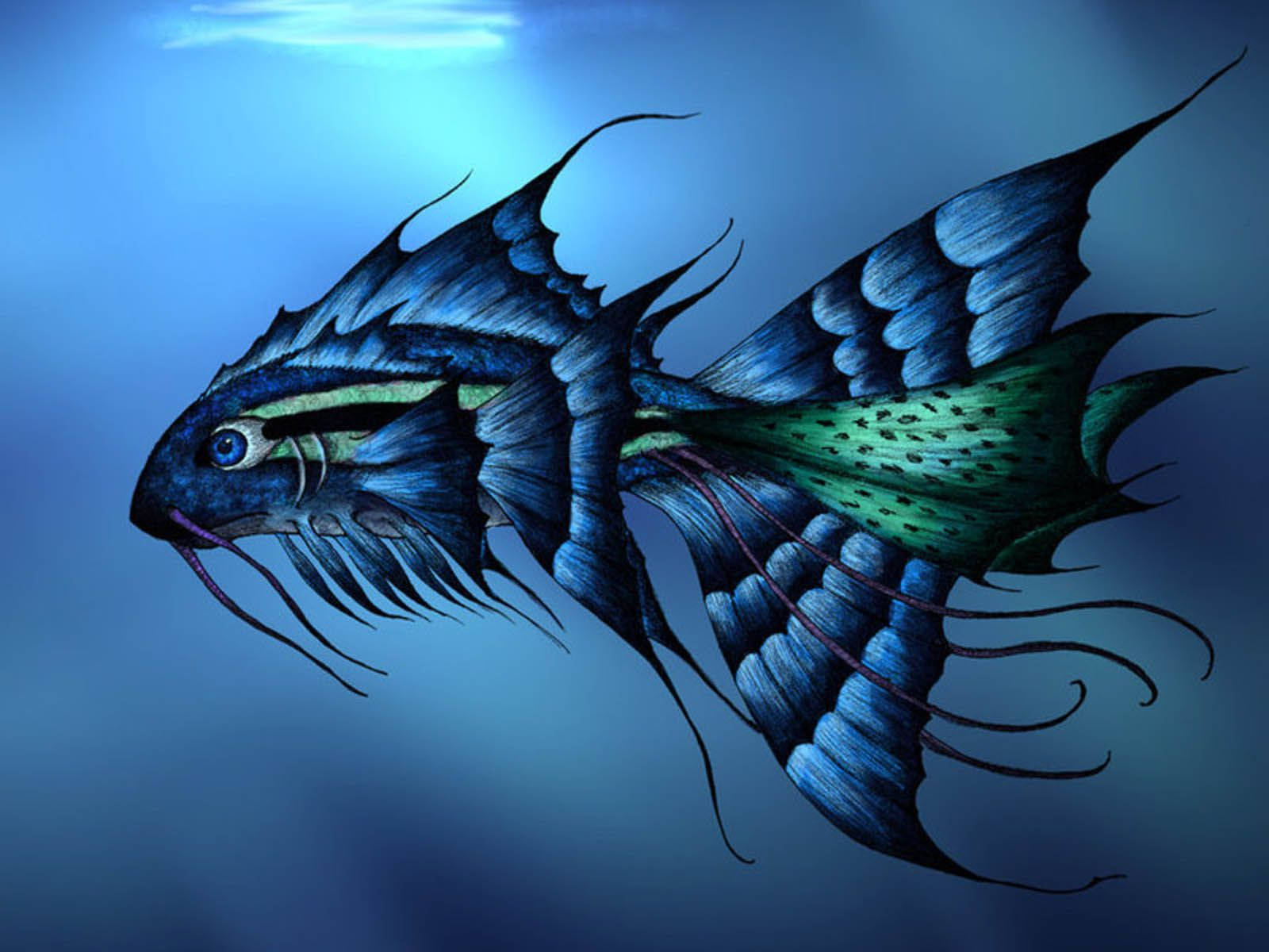 3D Blue Fish, spiky fins, green spotted tail, HD Desktop Wallpaper