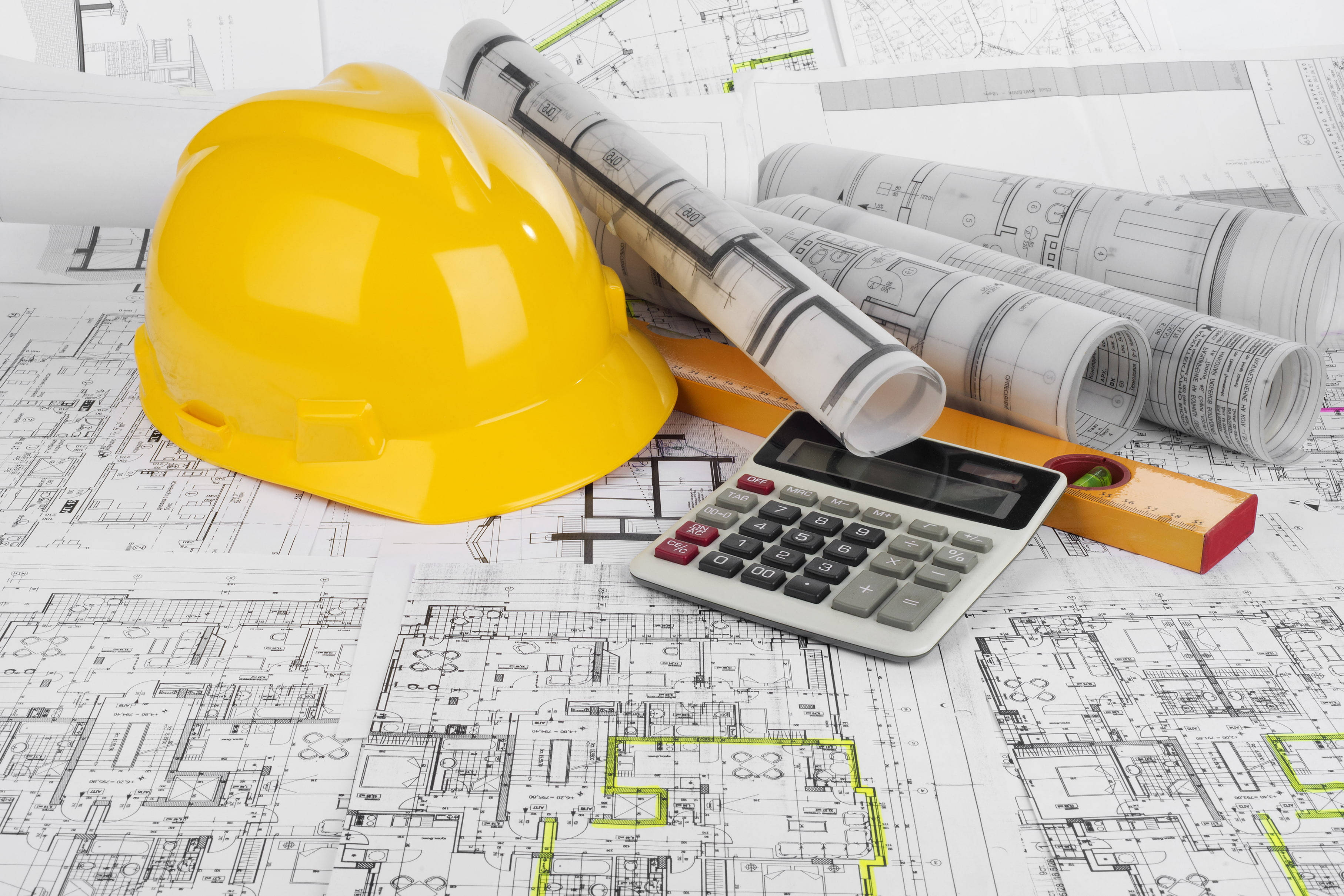 civil engineering blueprint, yellow hard hat, rolled blueprints, 2K Desktop Wallpaper