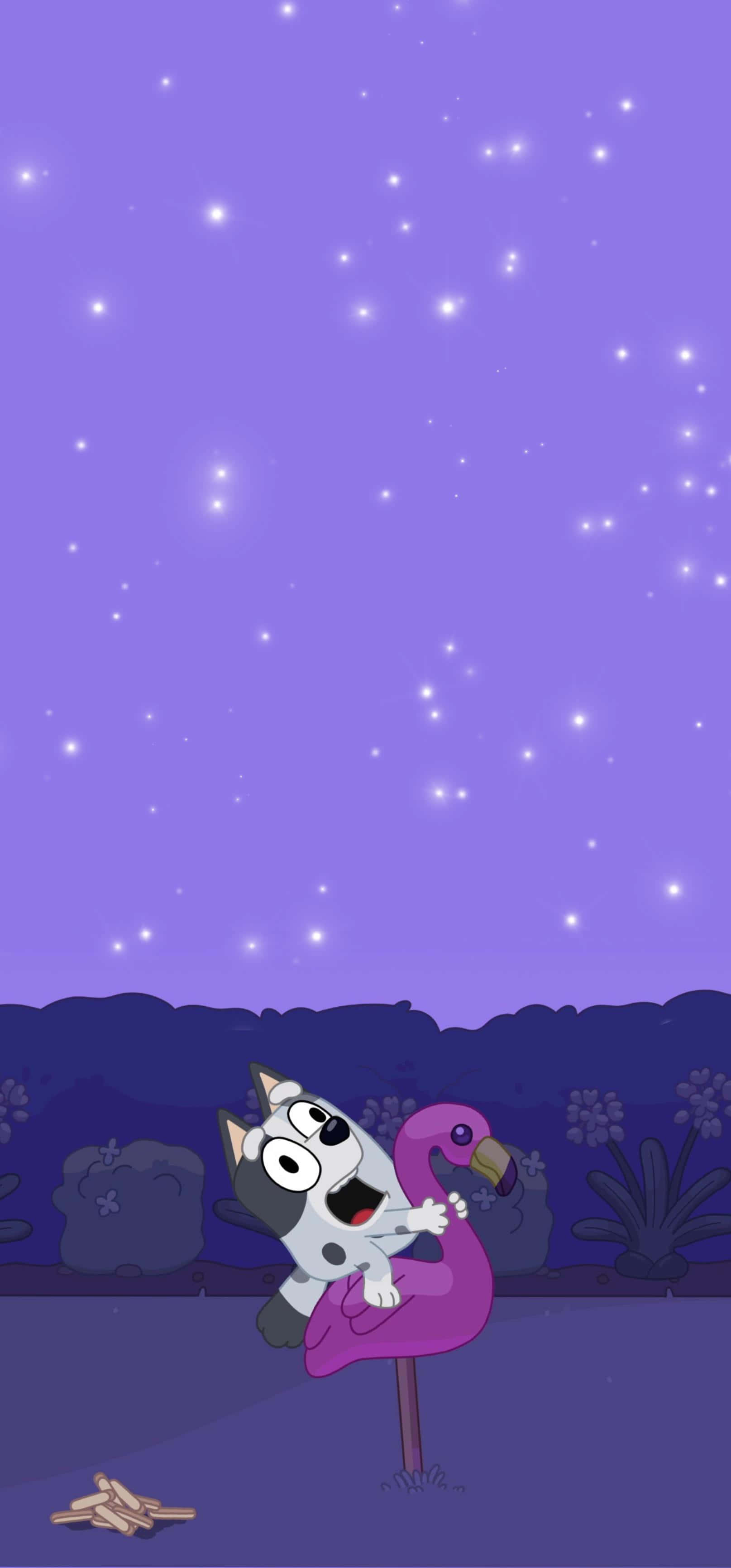 Bluey, nighttime stargazing, pink flamingo float, 2K Phone Wallpaper