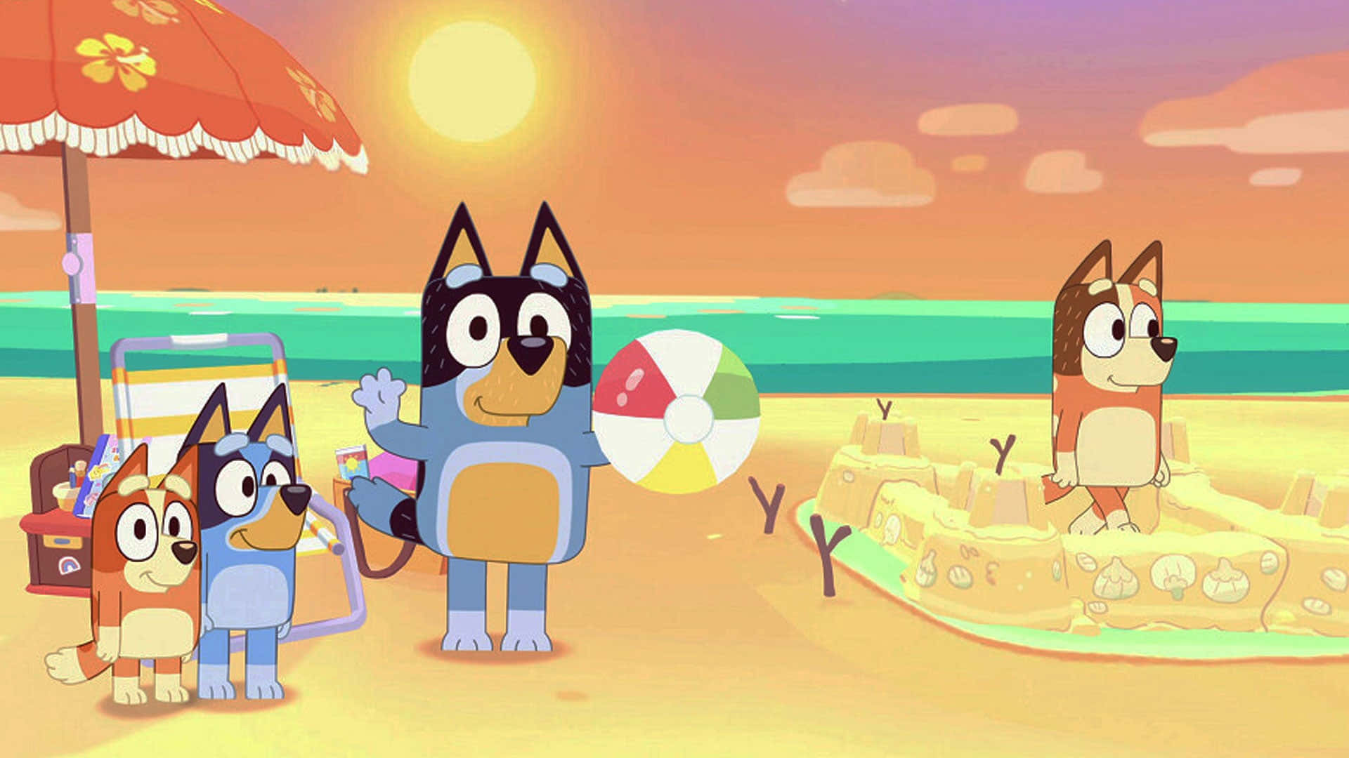 Bluey, beach ball, sandcastle, Full HD Desktop Wallpaper