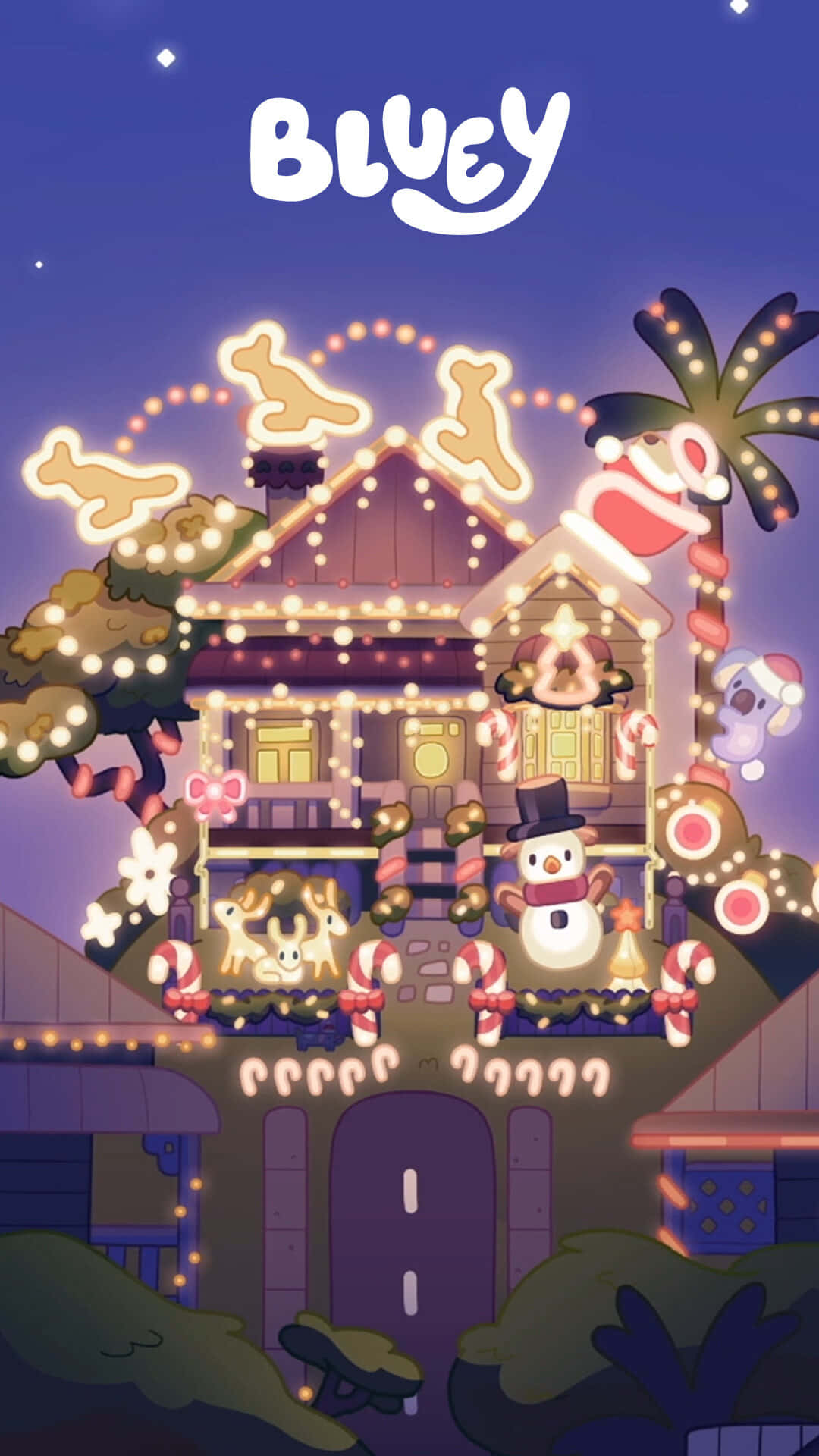 Bluey Christmas, glowing lights, candy canes, Full HD Phone Wallpaper