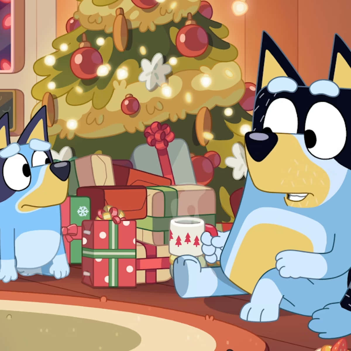 Bluey, Christmas tree, wrapped gifts, SD Desktop Wallpaper