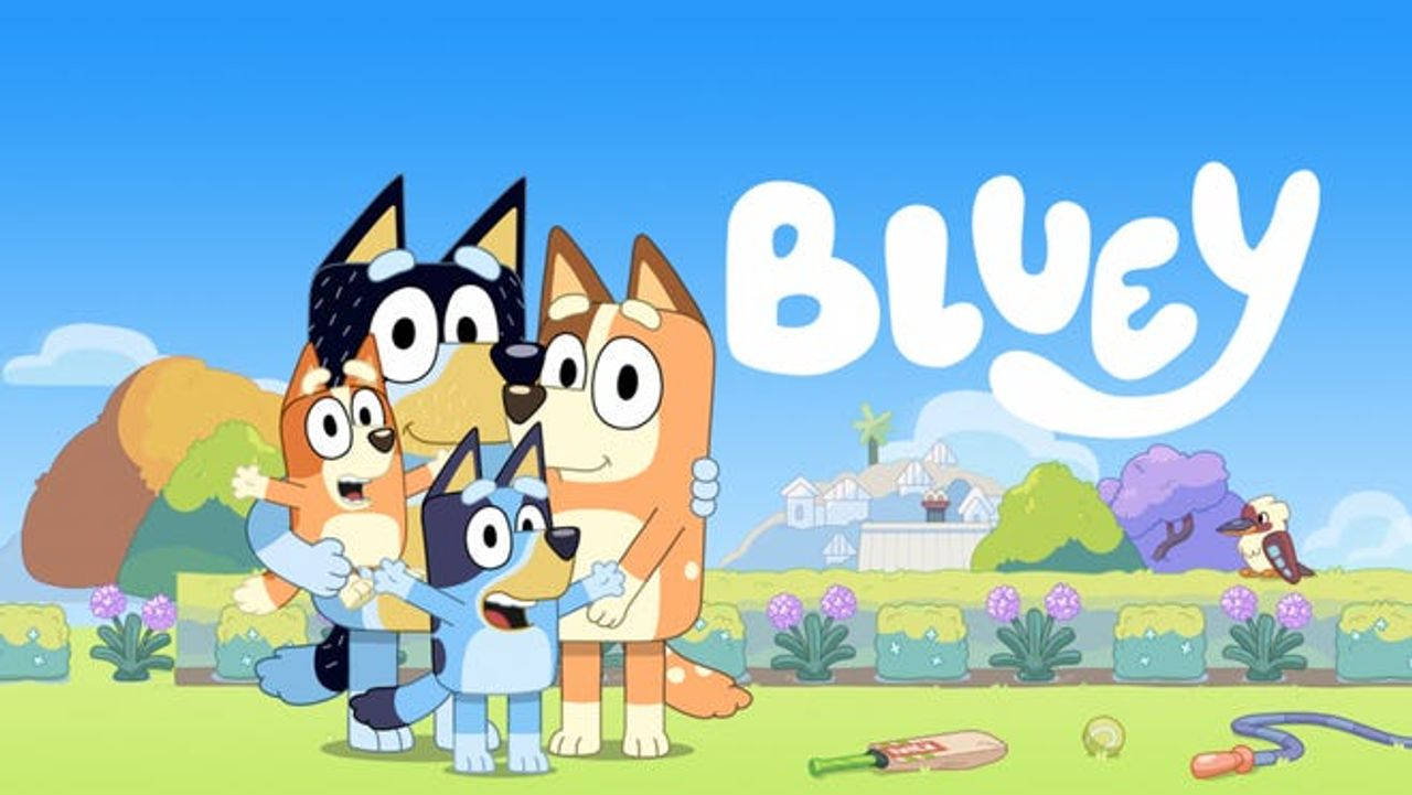 Bluey, cartoon dogs, bright backyard, HD Desktop Wallpaper