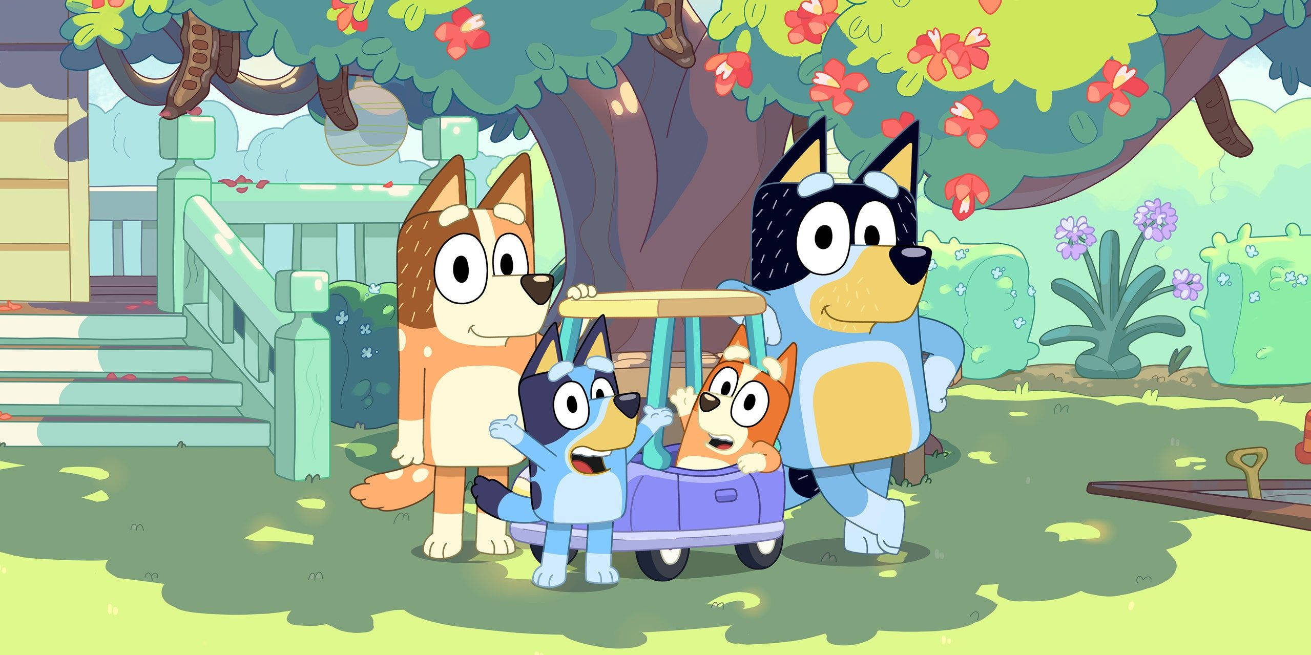 Bluey, family, purple cart, Full HD Desktop Wallpaper