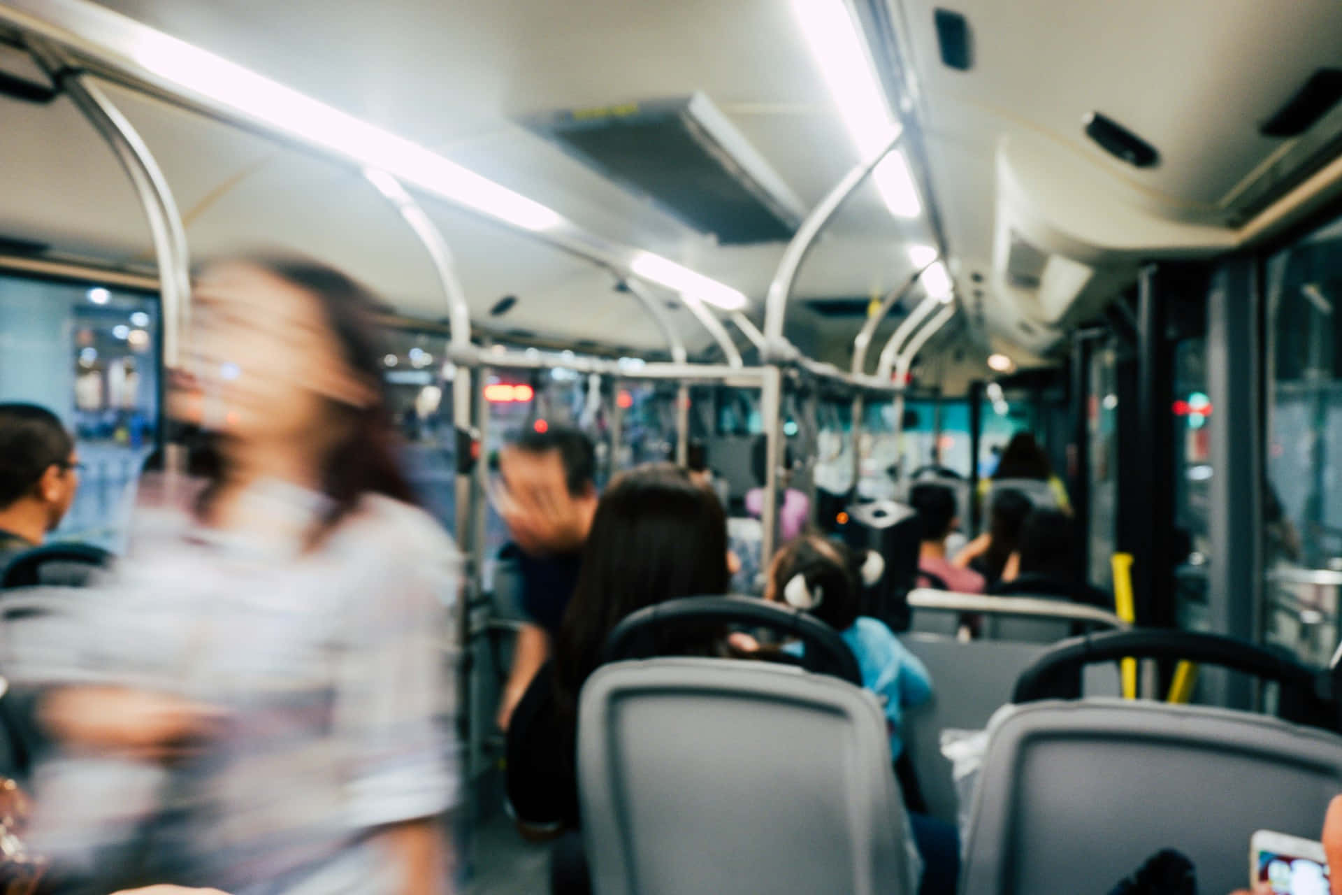 blurry bus ride nighttime aesthetic, motion blurred passengers, crowded public bus, Full HD Desktop Wallpaper