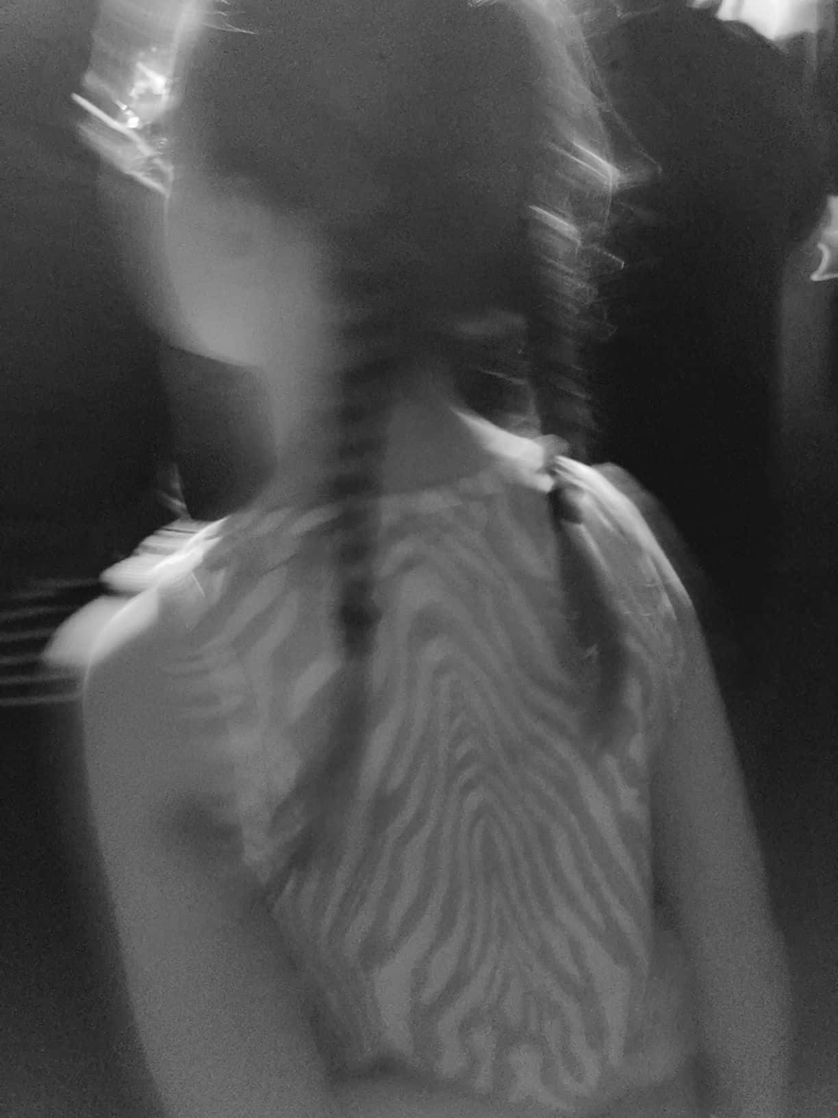 black and white photo, person from behind, zebra print top, HD Phone Wallpaper