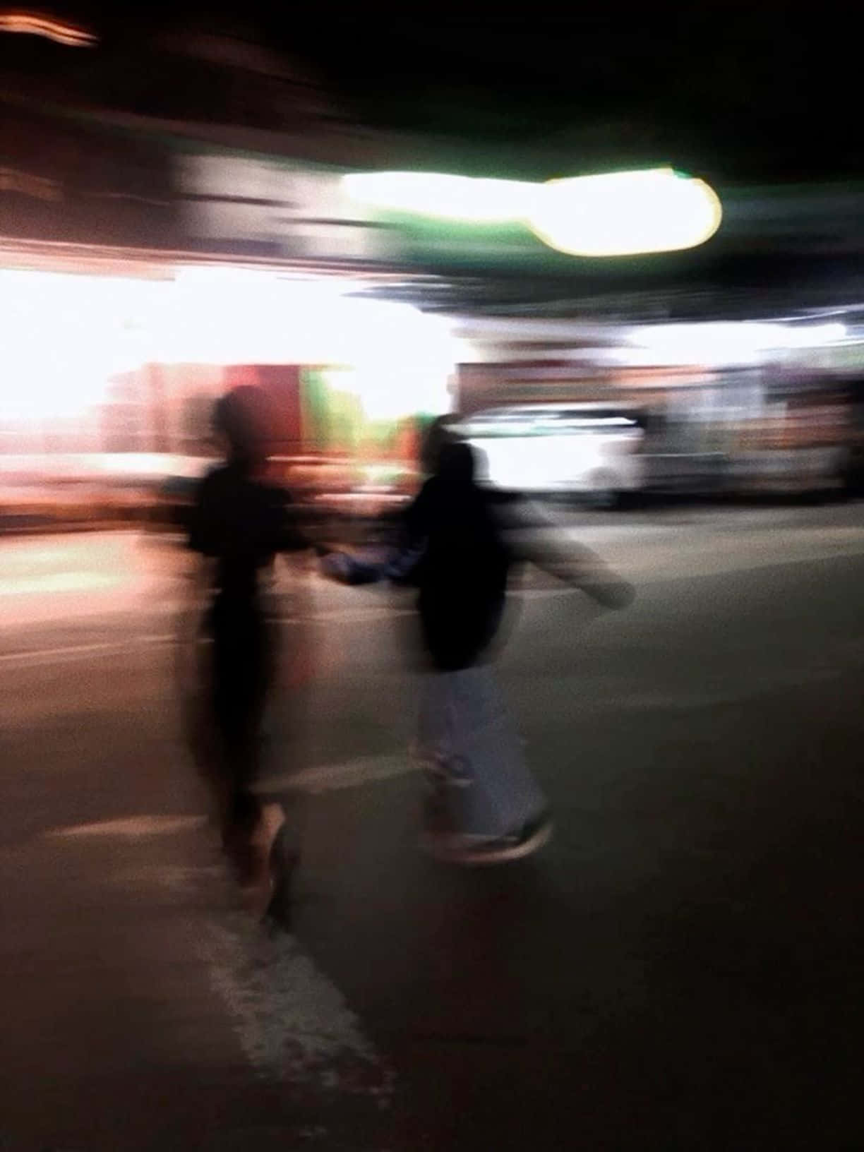 neon-lit street, nighttime, blurred figures, HD Phone Wallpaper