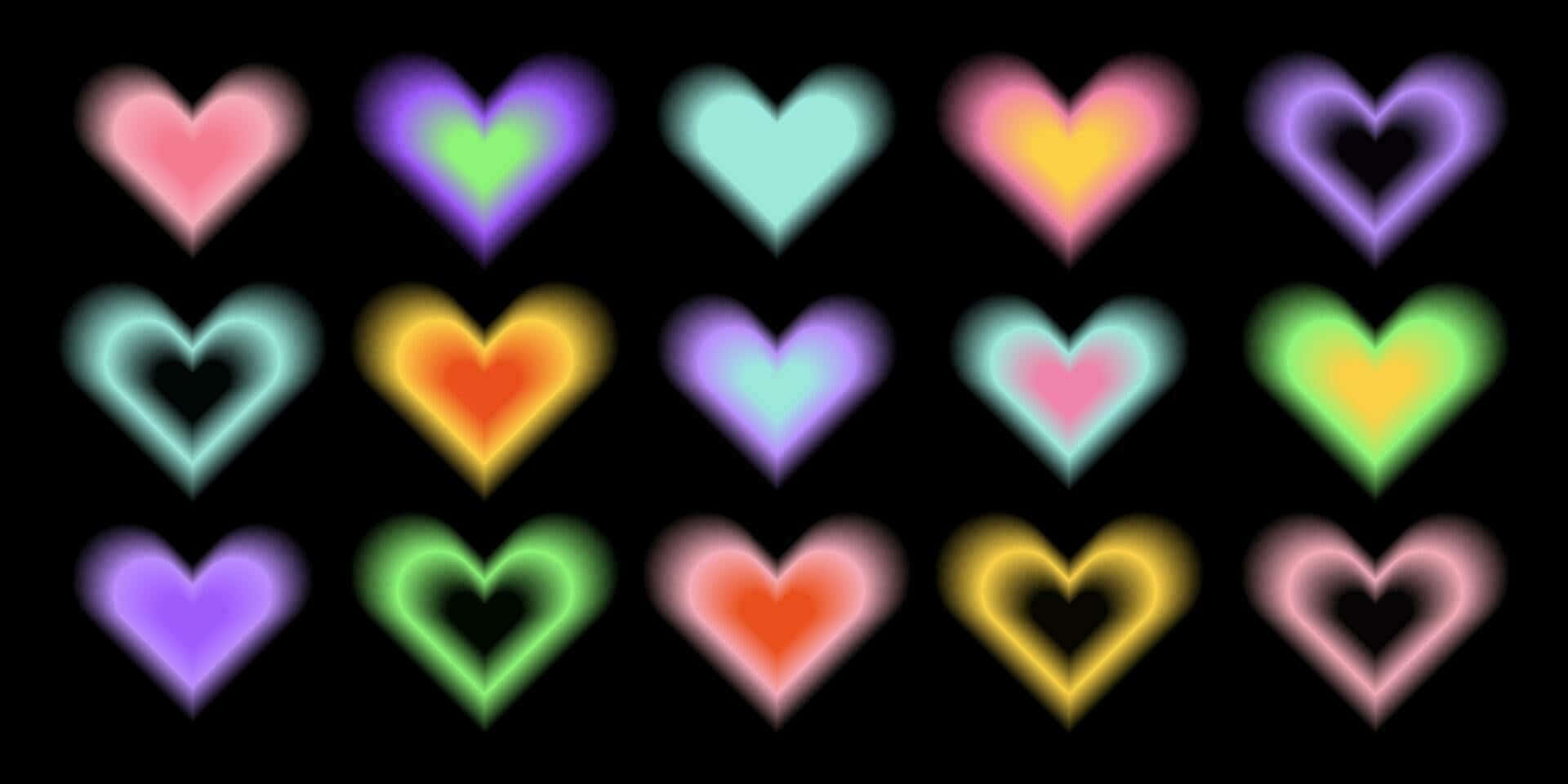 neon hearts, rainbow hues, black background, Full HD Desktop Wallpaper