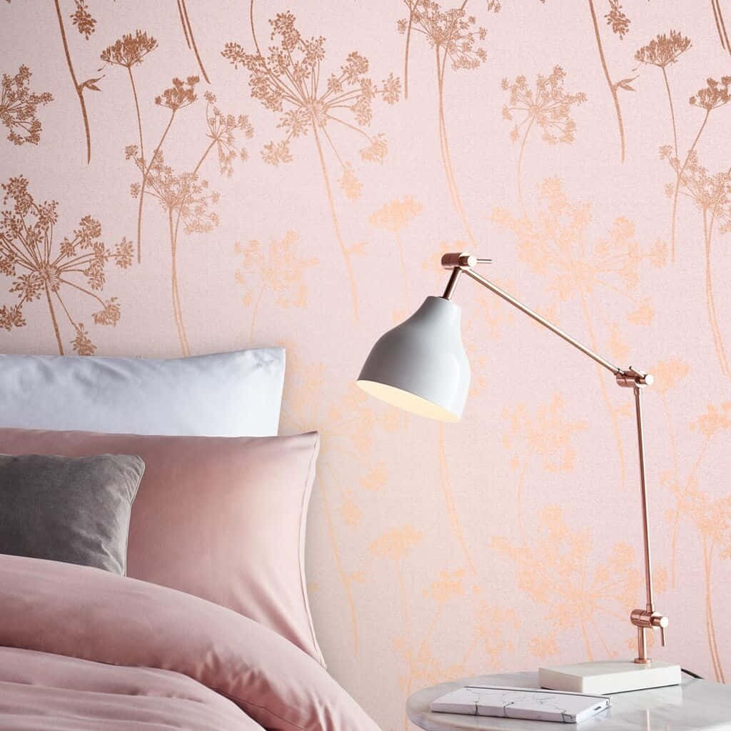 blush pink bedroom, floral wallpaper, white lamp, SD Desktop Wallpaper