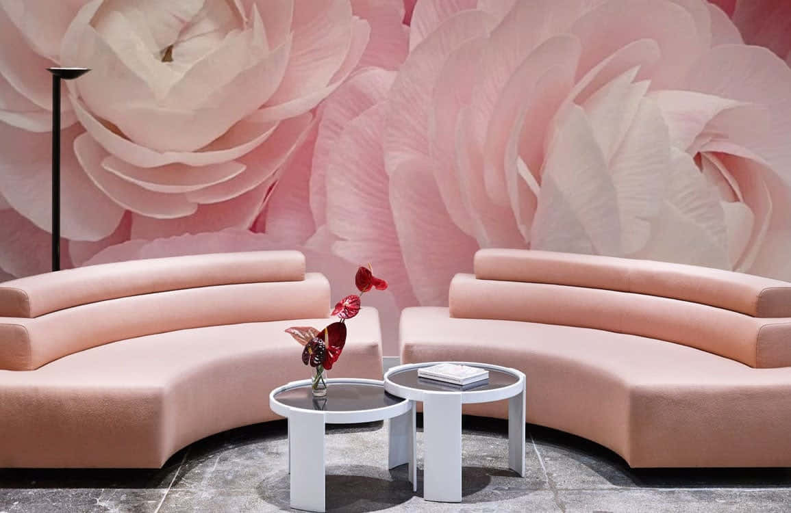 blush pink, curved pink sofas, giant floral wallpaper, SD Desktop Wallpaper