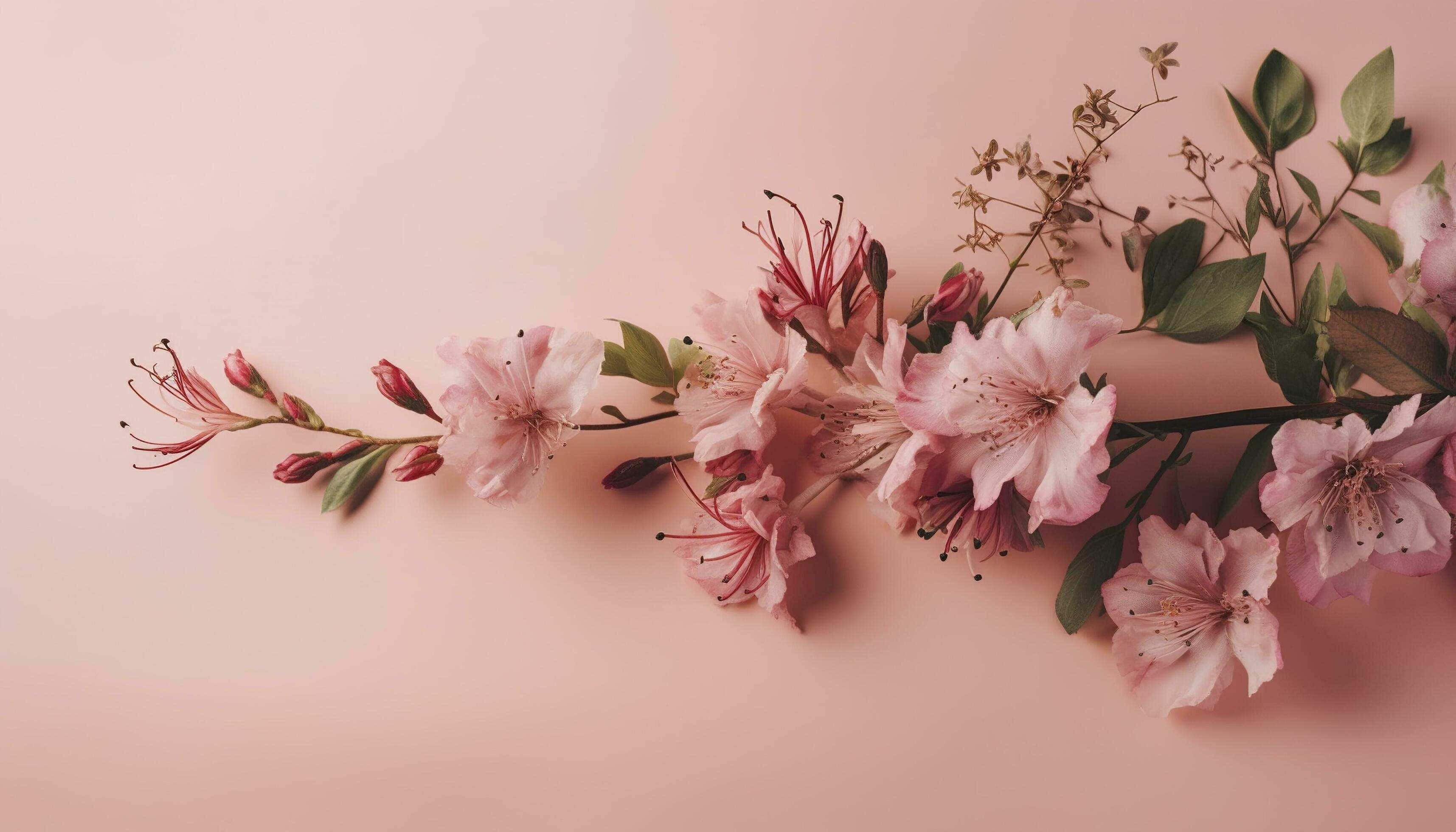 pale pink floral arrangement, pink blossoms, green leaves, 2K Desktop Wallpaper