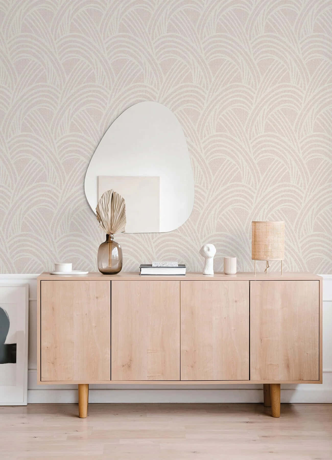 blush pink wallpaper, white wave patterns, light wood sideboard, HD Phone Wallpaper