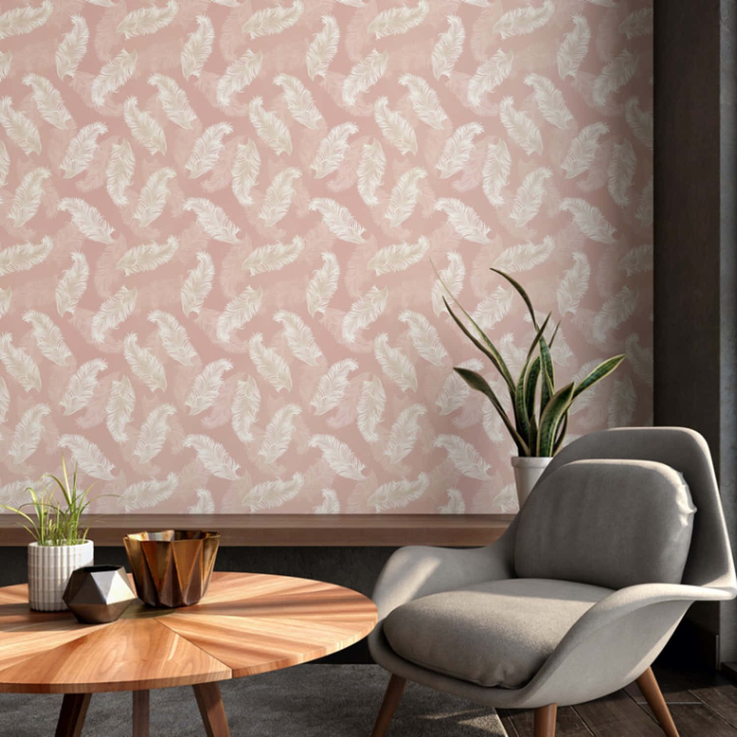 blush pink feather wallpaper, gray armchair, wooden table, HD Desktop Wallpaper
