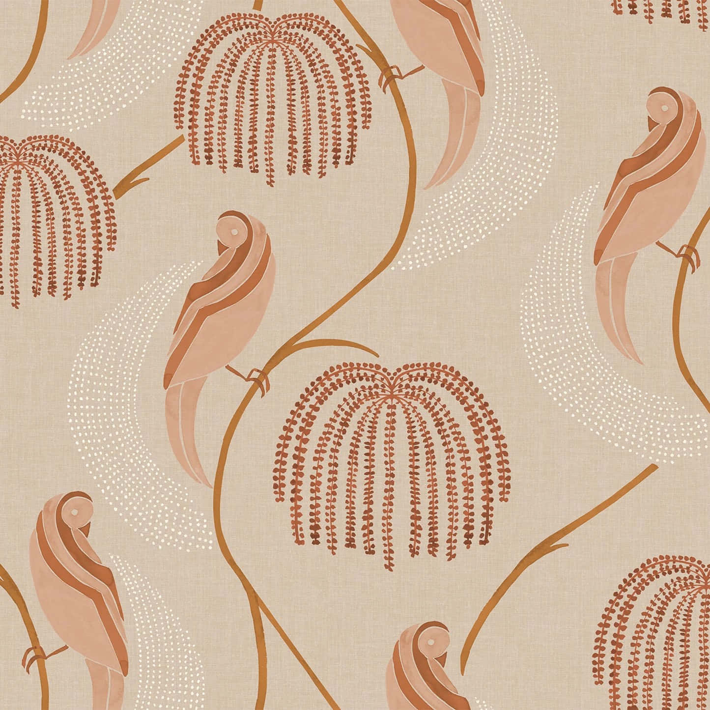 abstract floral pattern, blush tones, stylized birds, HD Desktop Wallpaper