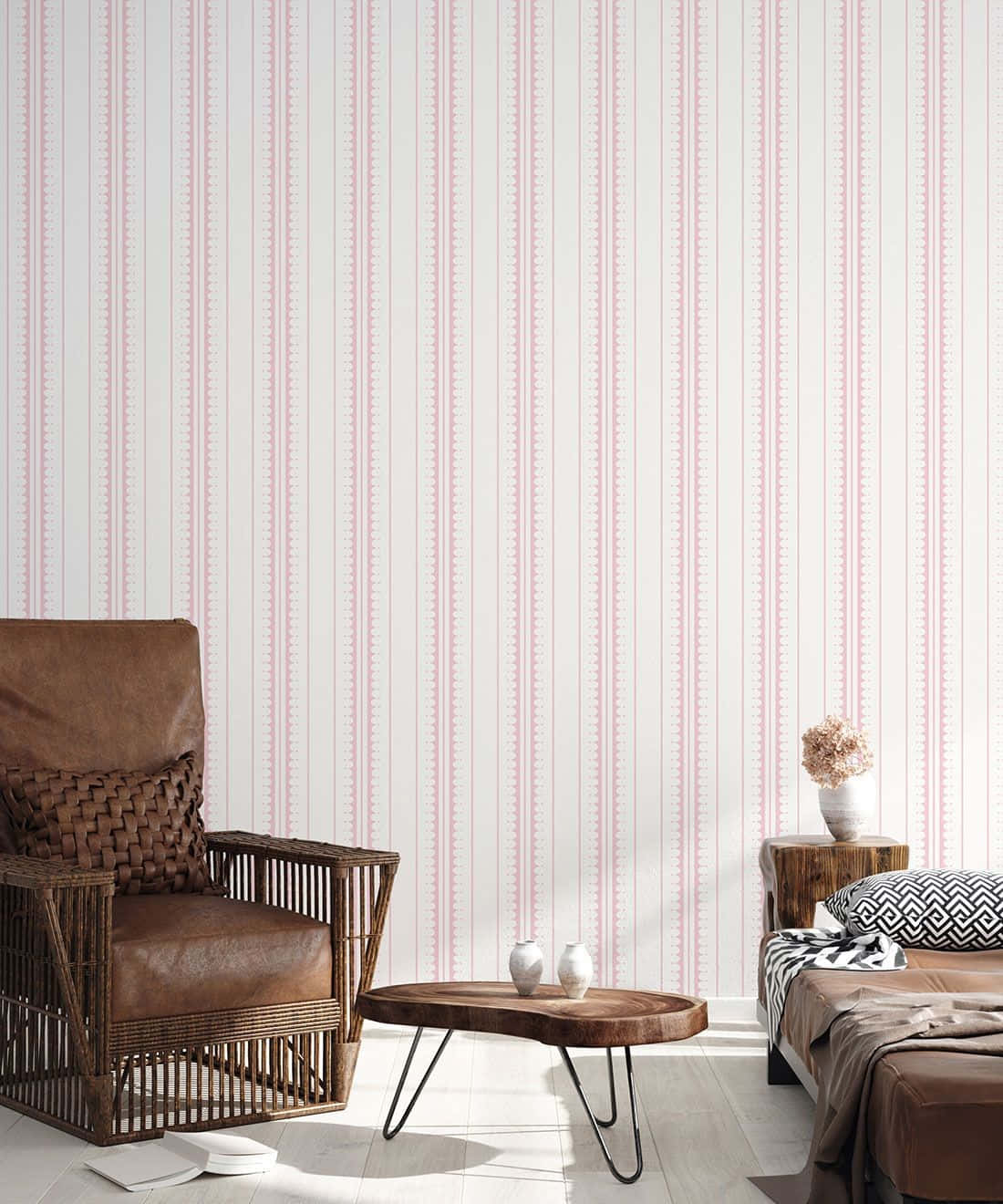 Modern Blush Striped Room, pink striped wallpaper, brown rattan chair, HD Phone Wallpaper