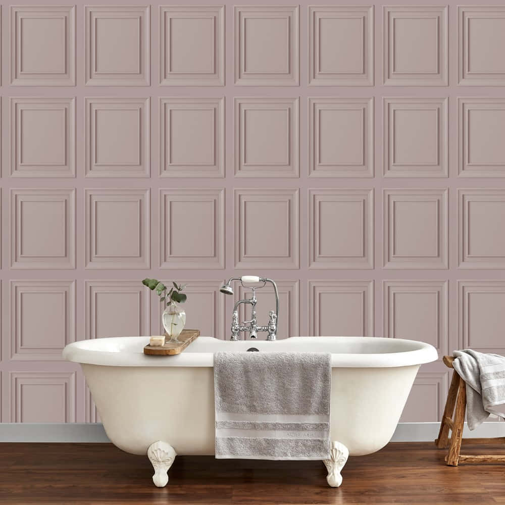 vintage clawfoot bathtub, mauve paneled wallpaper, wooden floors, SD Desktop Wallpaper