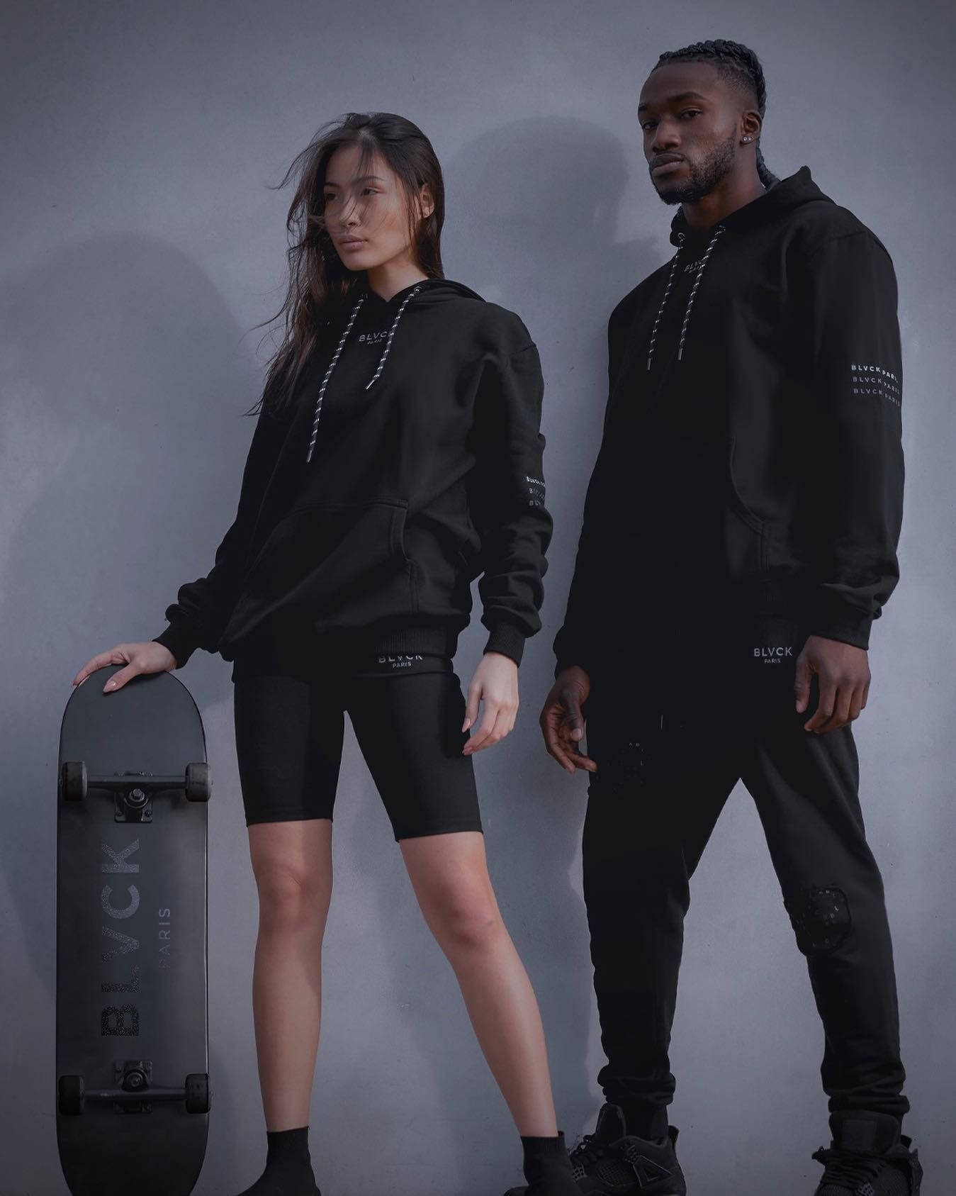 Blvck Paris, all black streetwear, gray studio wall, HD Phone Wallpaper