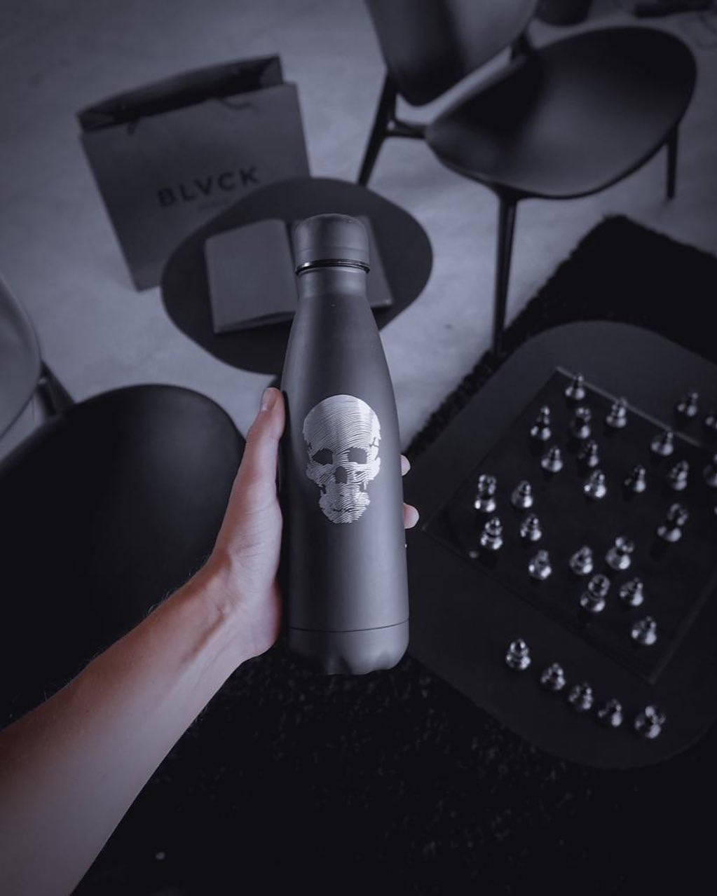 Blvck Paris, matte black water bottle, silver skull design, SD Phone Wallpaper