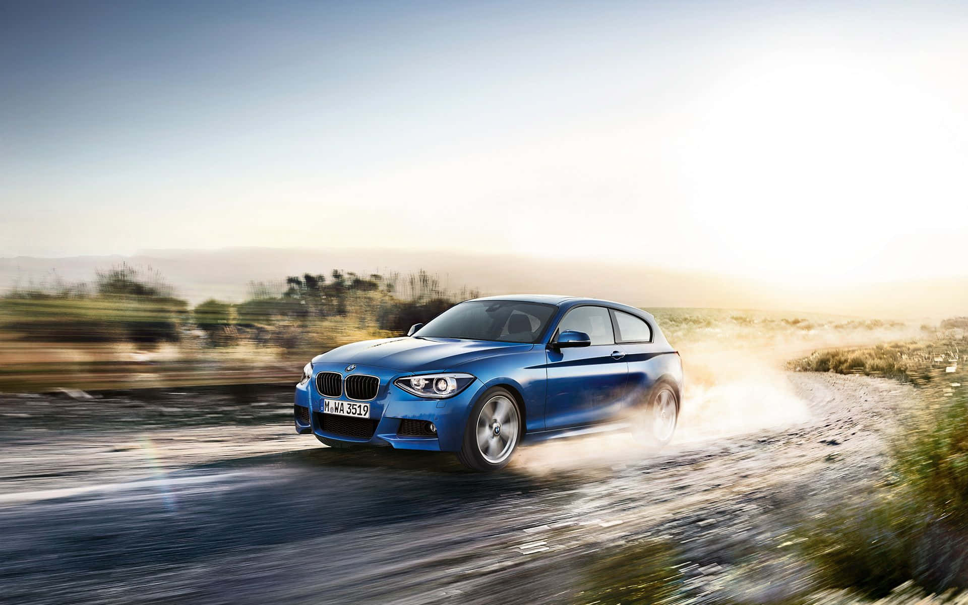 BMW 1 Series, vibrant blue, dusty rural road, Full HD Desktop Wallpaper