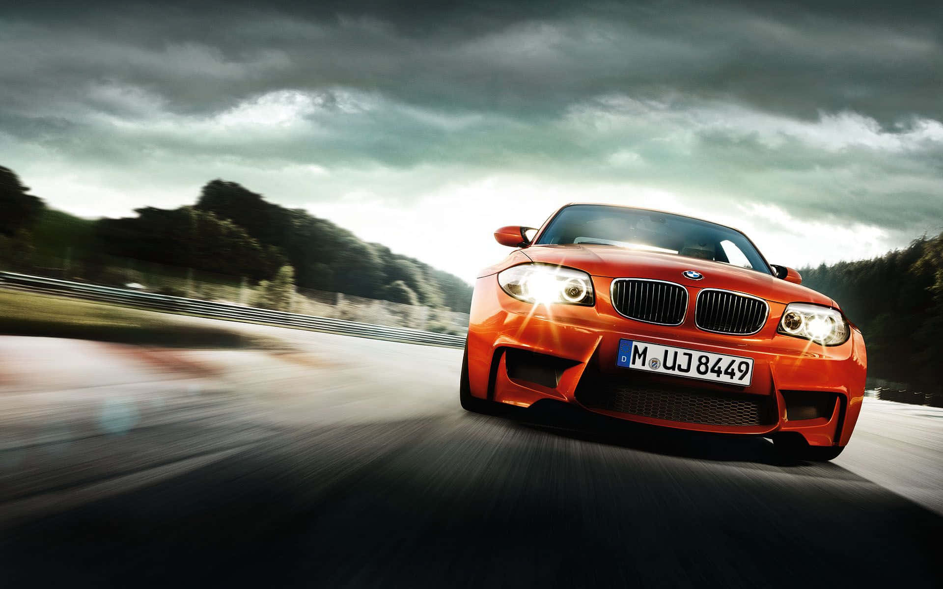 BMW 1 Series, vibrant orange, wet racetrack, Full HD Desktop Wallpaper
