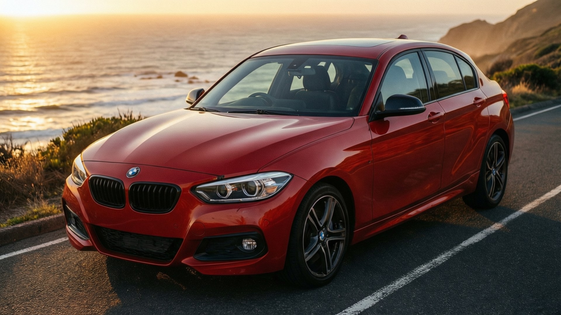Red, BMW 1 Series, ocean, Full HD Desktop Wallpaper