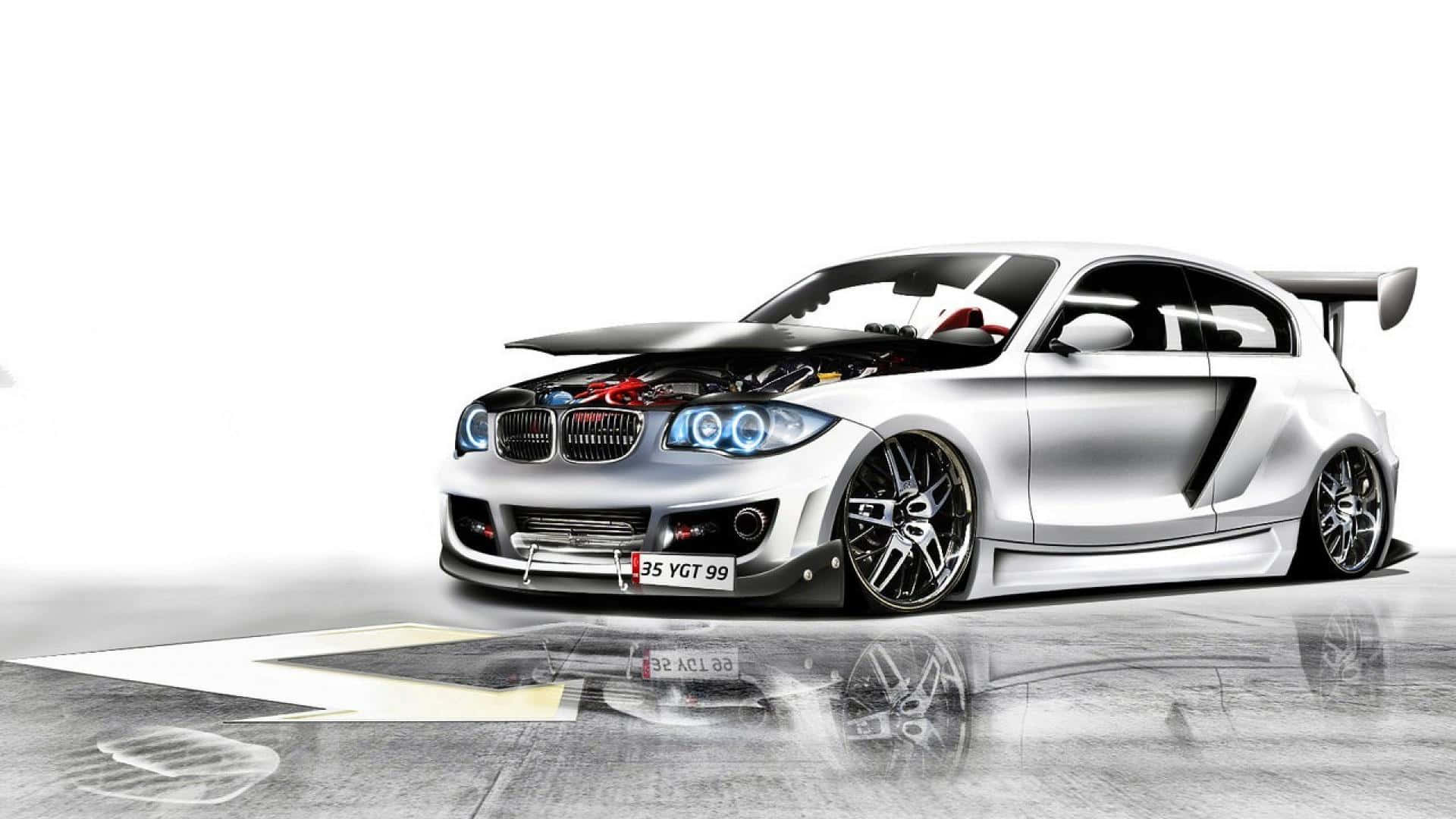 BMW 1 Series, sleek silver, exposed engine, Full HD Desktop Wallpaper