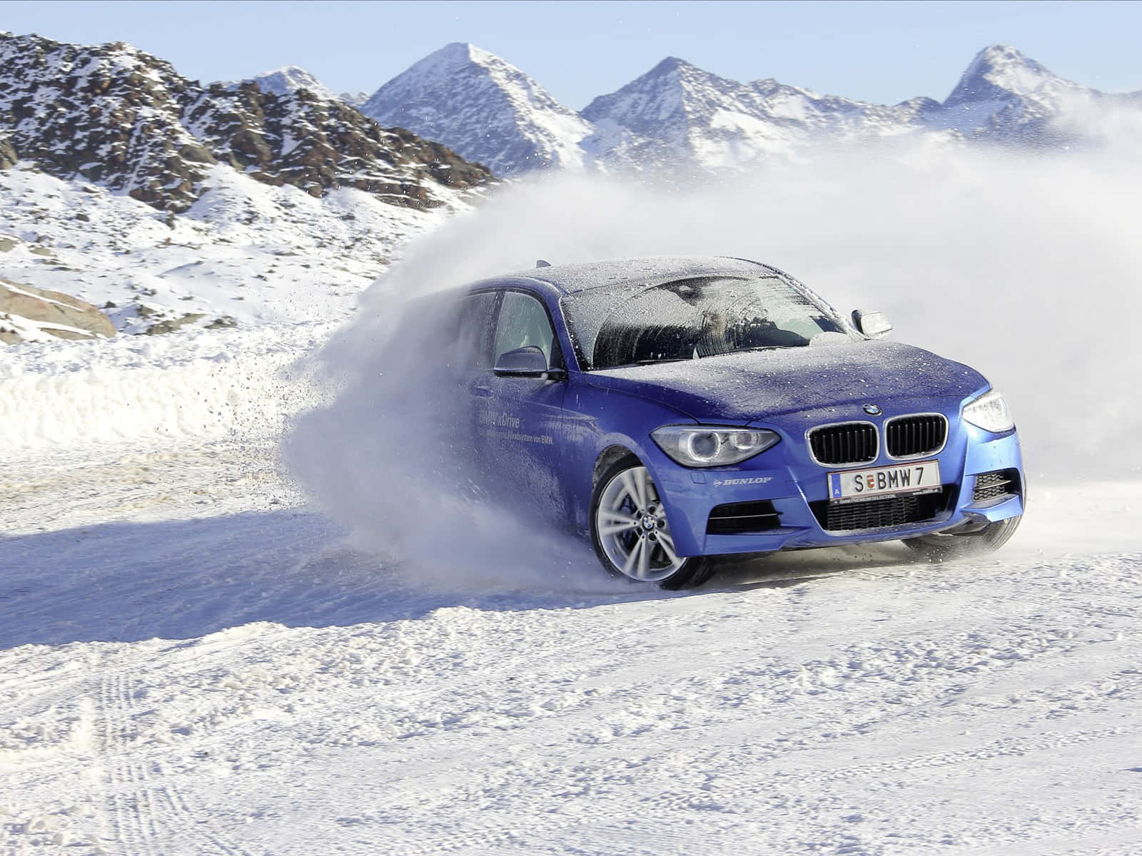 BMW 1 Series, vibrant blue, snowy mountain pass, HD Desktop Wallpaper