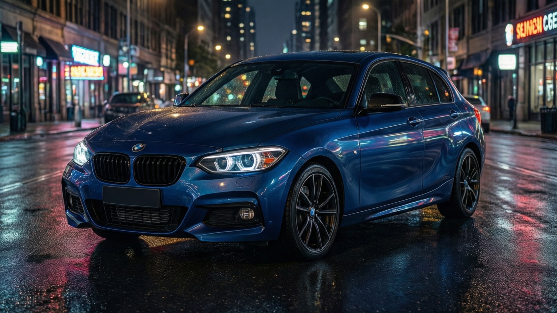 BMW 1 Series, neon city lights, rainy night, Full HD Desktop Wallpaper