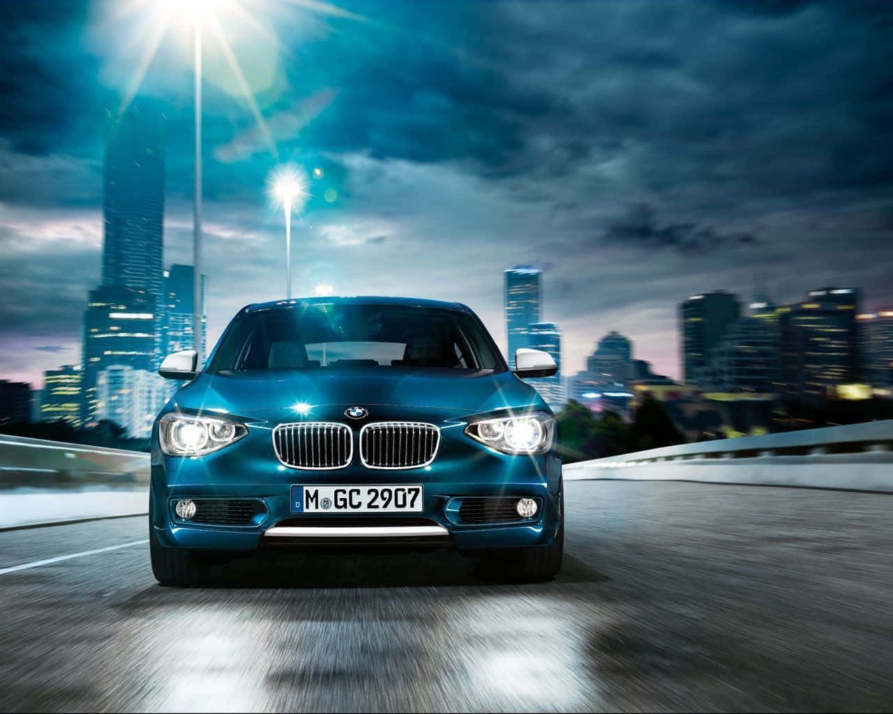 BMW 1 Series, sleek blue BMW sedan, wet city bridge, HD Desktop Wallpaper