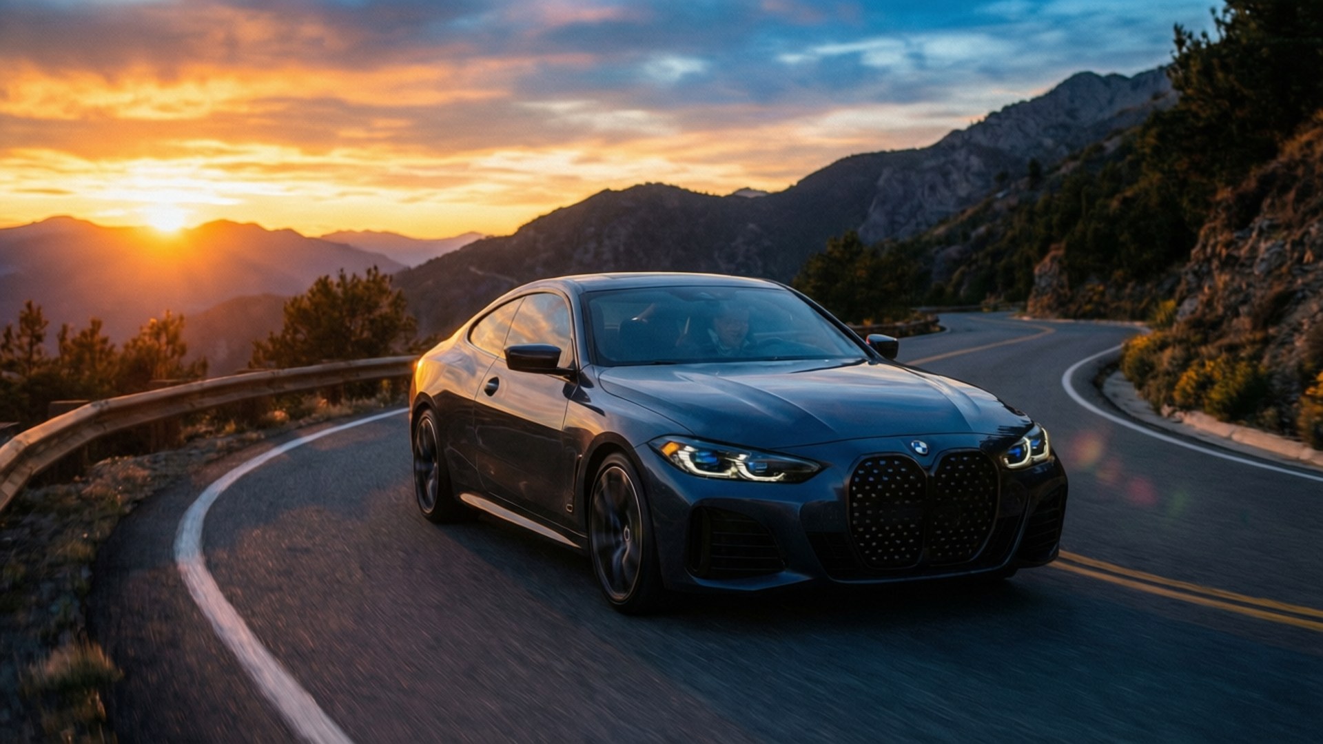 BMW coupe, winding mountain road, sunset, Full HD Desktop Wallpaper