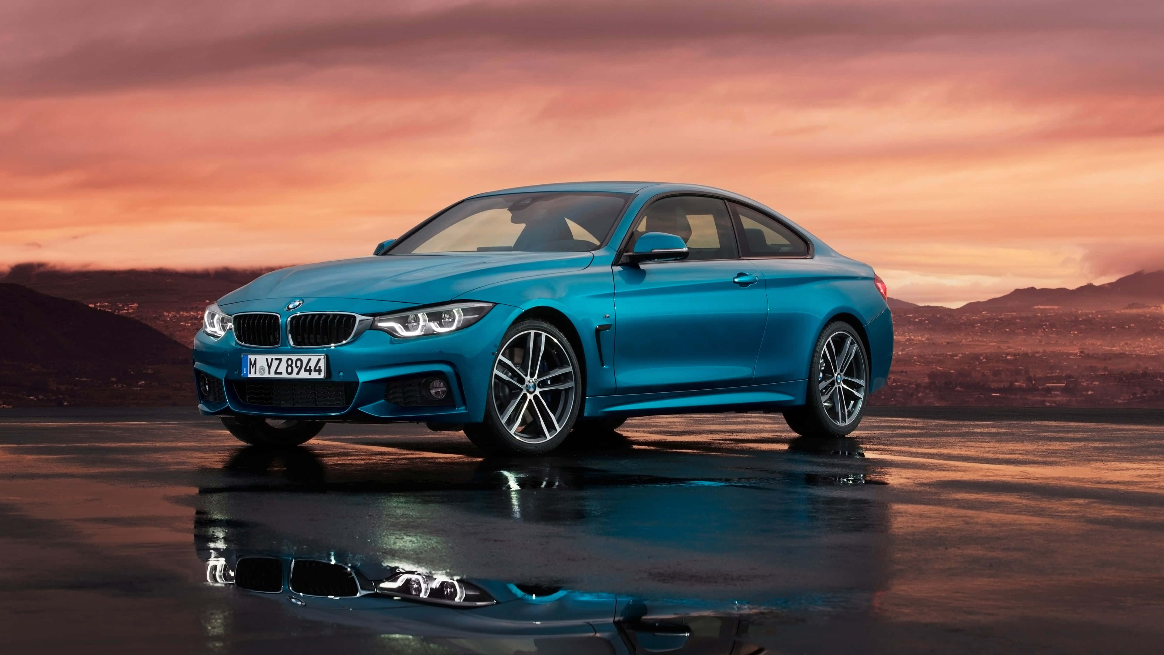 BMW 4 Series, vibrant blue, wet road, 4K Desktop Wallpaper
