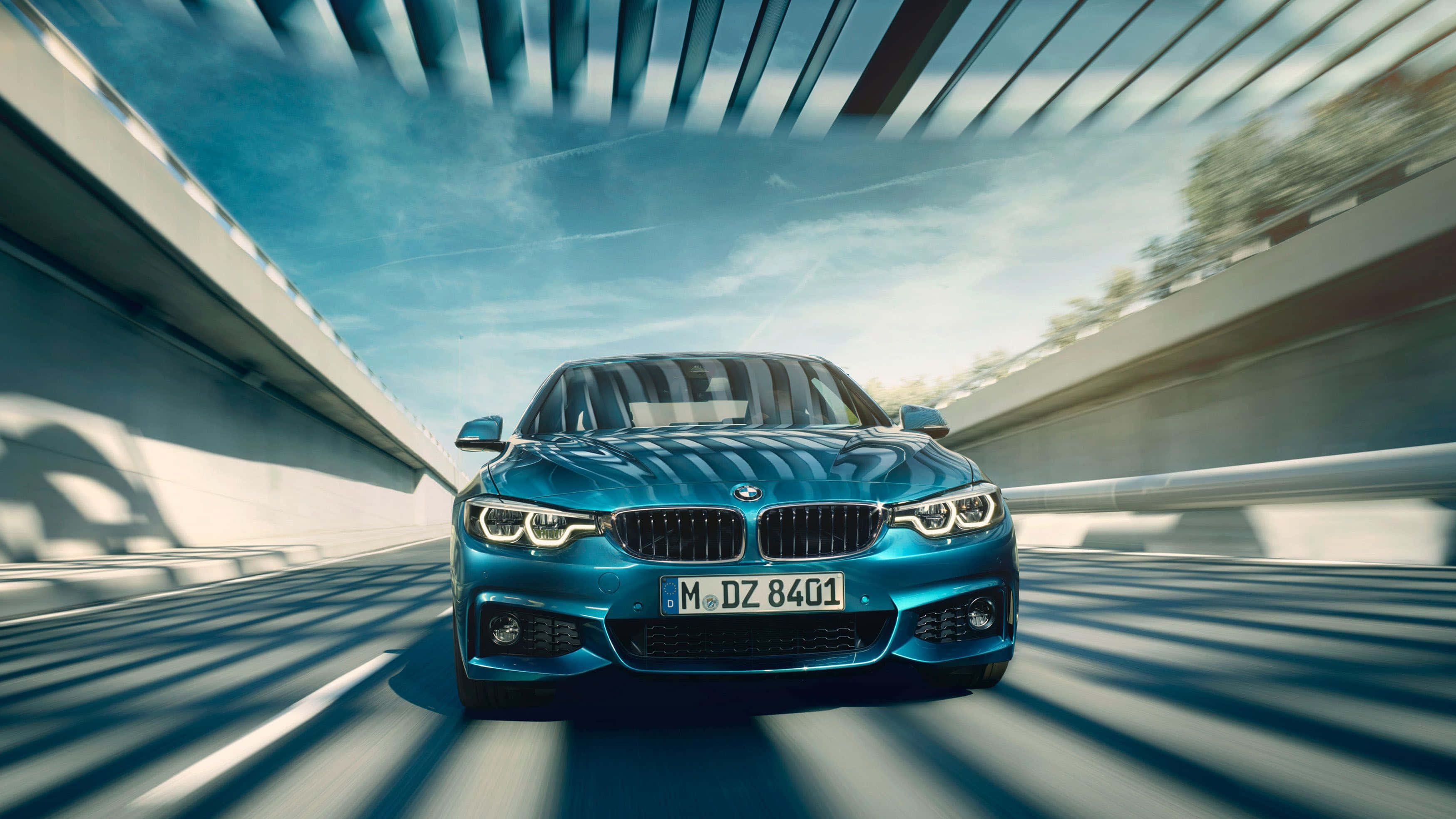 BMW 4 Series, vibrant blue, modern concrete bridge, 2K Desktop Wallpaper