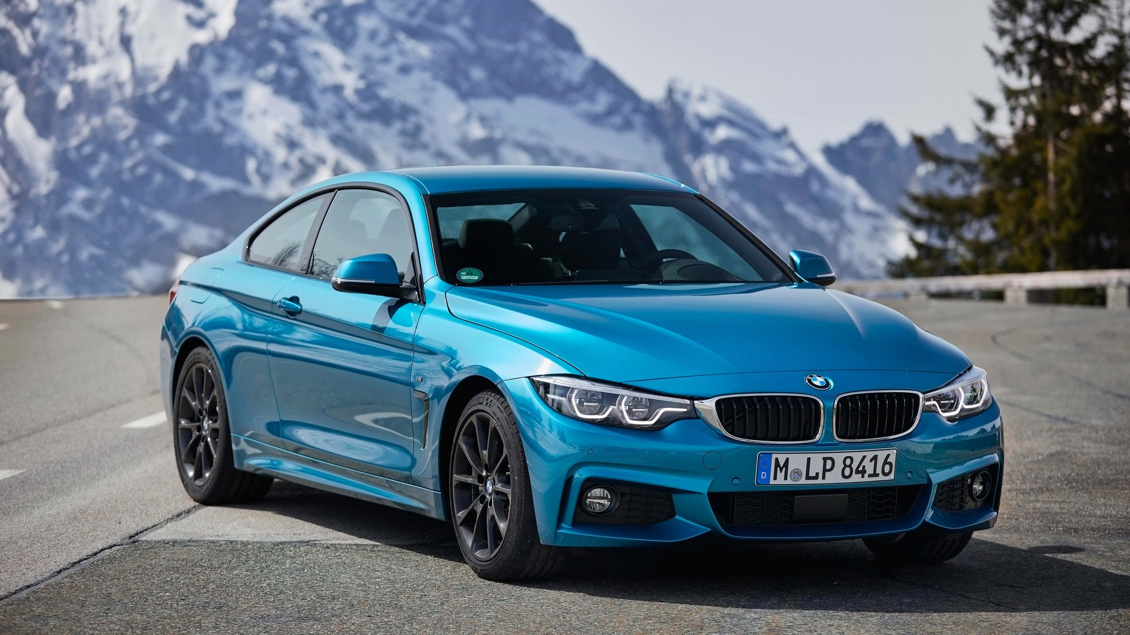 BMW 440i, vibrant blue, mountain road, 4K Desktop Wallpaper