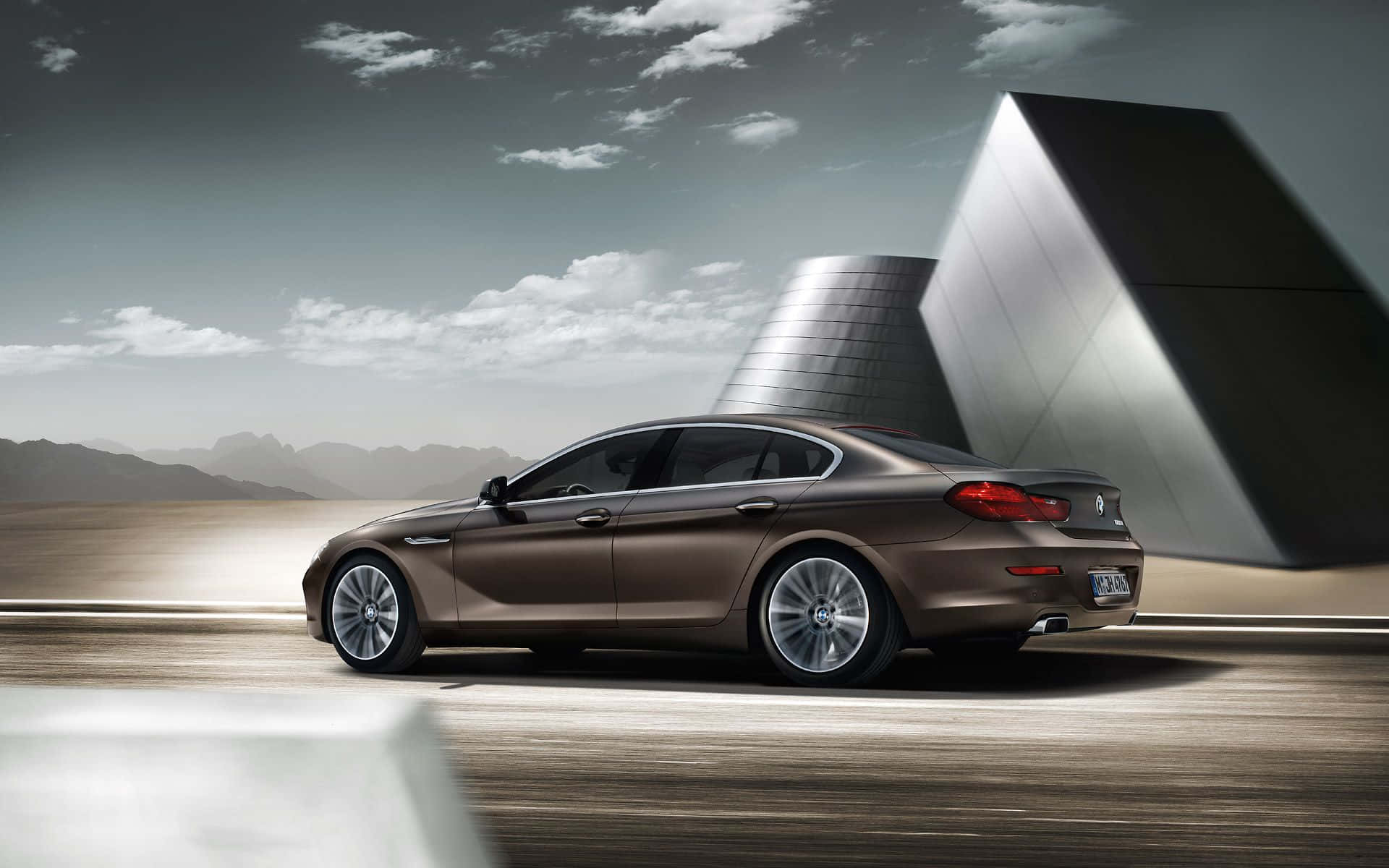 BMW 6 Series, sleek brown BMW sedan, futuristic metallic building, Full HD Desktop Wallpaper
