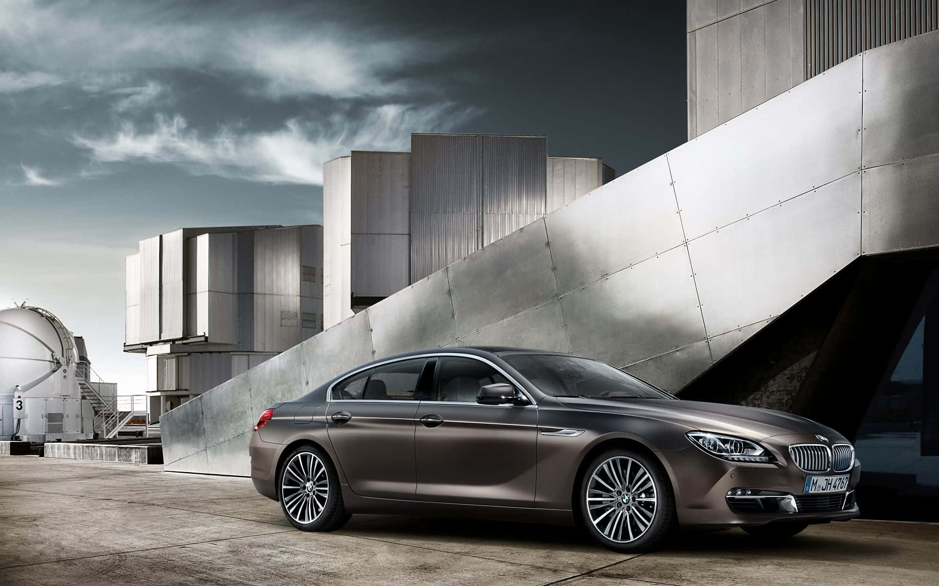 BMW 6 Series, metallic brown, modern angular building, Full HD Desktop Wallpaper
