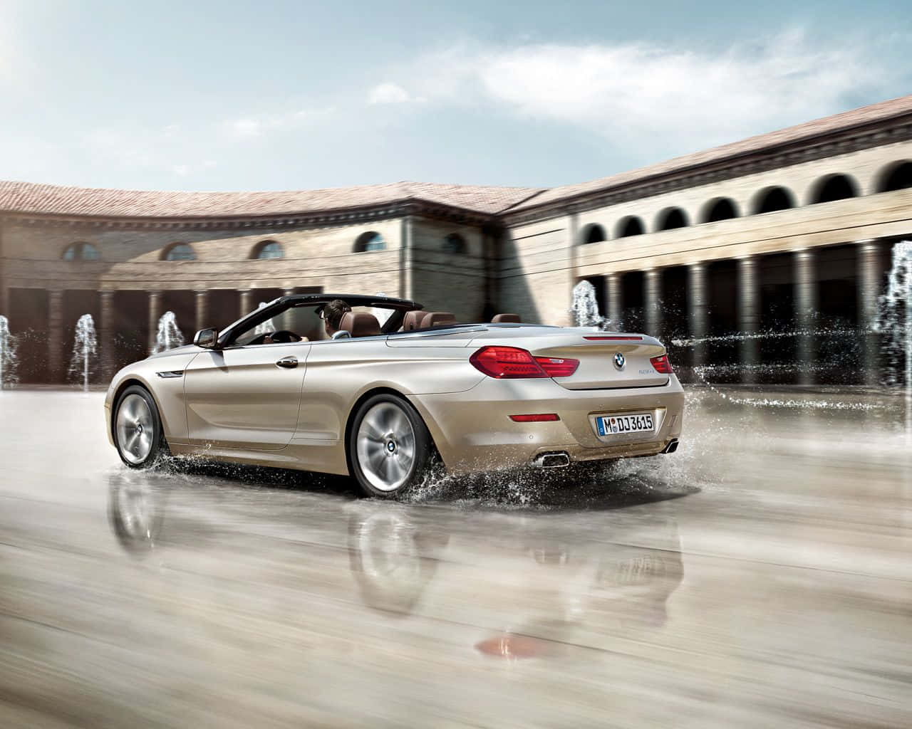 BMW 6 Series, gold convertible, wet courtyard, HD Desktop Wallpaper